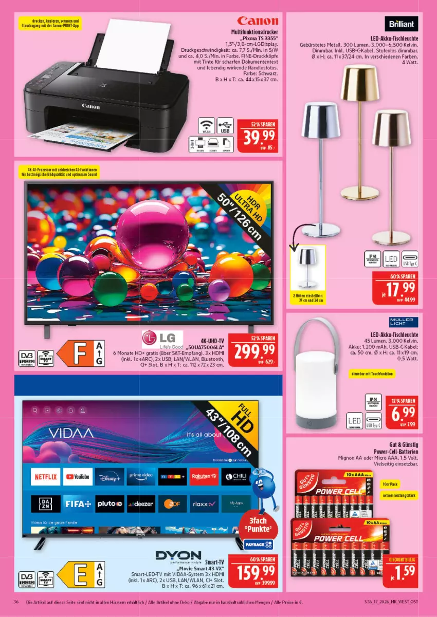 Aktueller Prospekt Marktkauf - Prospekt - von 19.04 bis 25.04.2026 - strona 36 - produkty: akku, batterie, batterien, bürste, canon, deo, drucker, dyon, eis, ente, HDMI, Leuchte, LG, multifunktionsdrucker, reis, Ti, tisch, tischleuchte, uhd, UHD-TV, usb, Yo