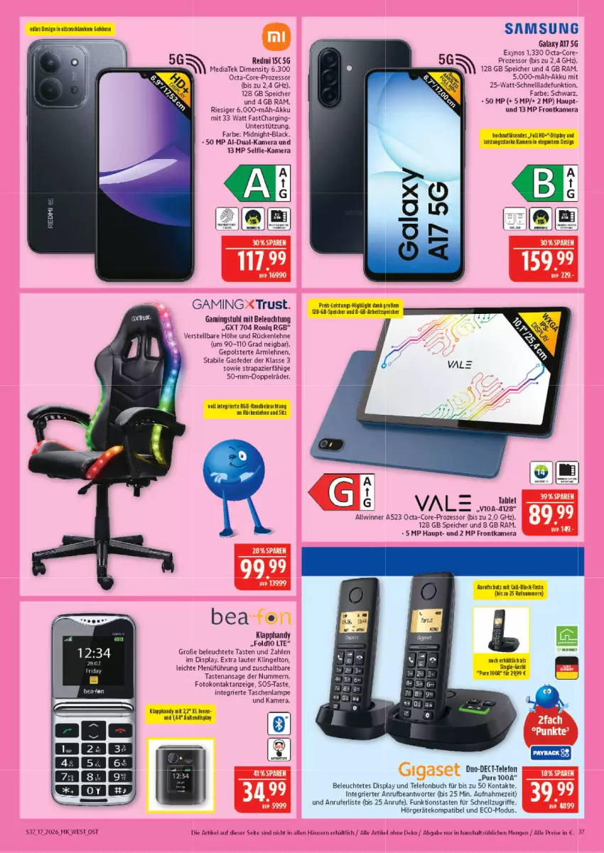 Aktueller Prospekt Marktkauf - Prospekt - von 19.04 bis 25.04.2026 - strona 37 - produkty: akku, armlehnen, beleuchtung, buch, eis, frontkamera, gigaset, gin, Handy, kamera, lack, Lampe, Leuchte, reis, rückenlehne, Schal, schnellladefunktion, stuhl, Tasche, taschen, taschenlampe, telefon, Ti