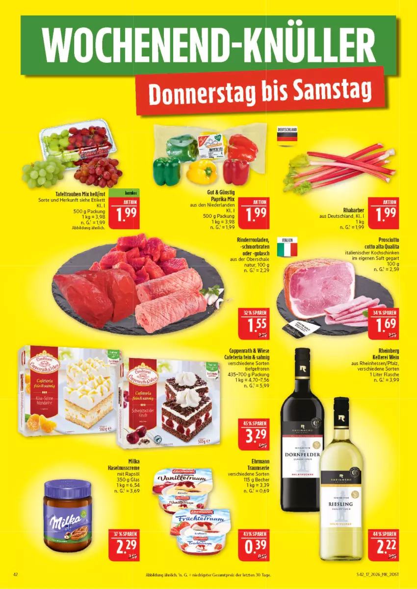 Aktueller Prospekt Marktkauf - Prospekt - von 19.04 bis 25.04.2026 - strona 42 - produkty: Becher, braten, coppenrath, creme, ehrmann, eis, elle, flasche, gulasch, haselnuss, Haselnusscreme, kochschinken, milka, natur, nuss, paprika, paprika mix, prosciutto, prosciutto cotto, rapsöl, reis, rhabarber, Ria, rind, rinder, Rinderroulade, rinderrouladen, rouladen, saft, Schal, Schale, schinken, schmorbraten, Ti, wein, ZTE
