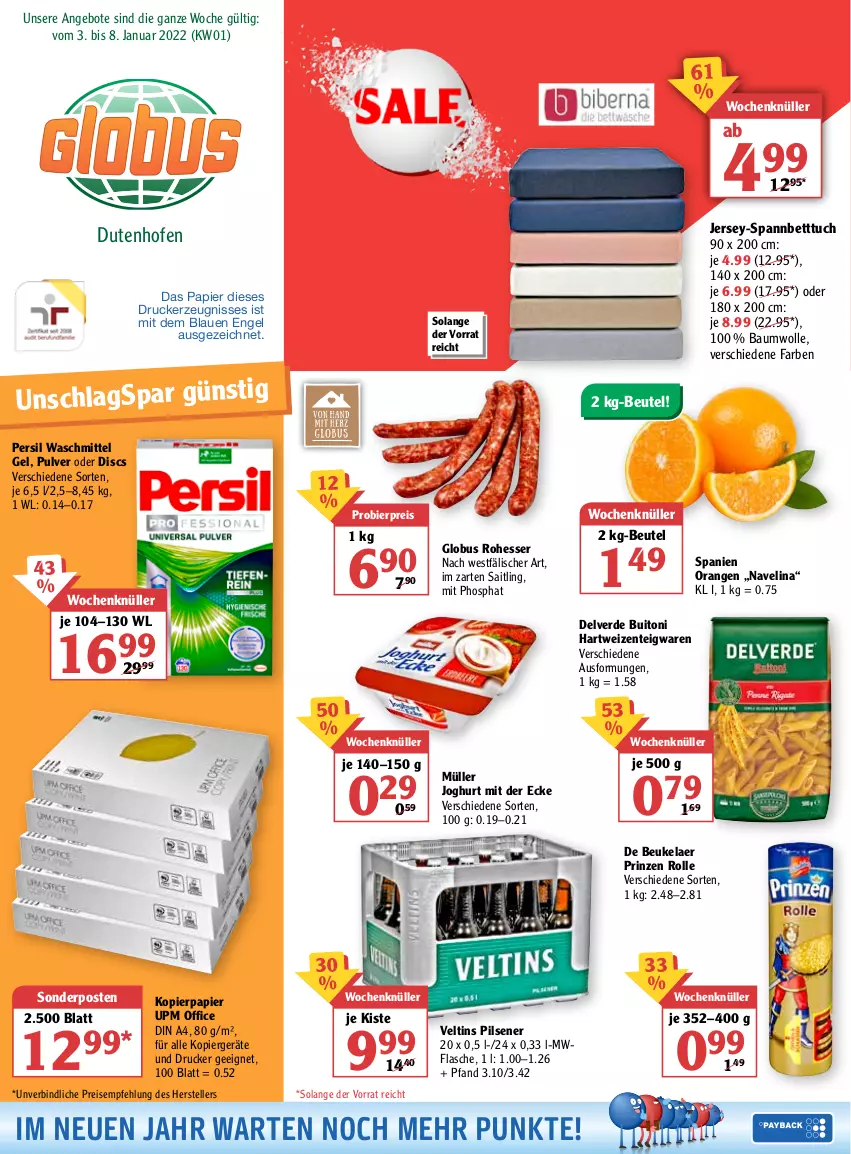 Aktueller Prospekt Globus - Prospekte - von 03.01 bis 08.01.2022 - strona 1 - produkty: angebot, angebote, Bau, baumwolle, bett, Betttuch, beutel, bier, buitoni, de beukelaer, din a4, drucker, eis, elle, Engel, ente, erde, flasche, hartweizen, im zarten saitling, jersey-spannbetttuch, joghur, joghurt, joghurt mit der ecke, kerze, kopierpapier, Müller, navelina, Ofen, office, orange, orangen, papier, persil, persil waschmittel, pils, pilsener, prinzen rolle, reis, sonderposten, spannbetttuch, teigwaren, teller, Ti, tuc, veltins, veltins pilsener, waschmittel, wolle