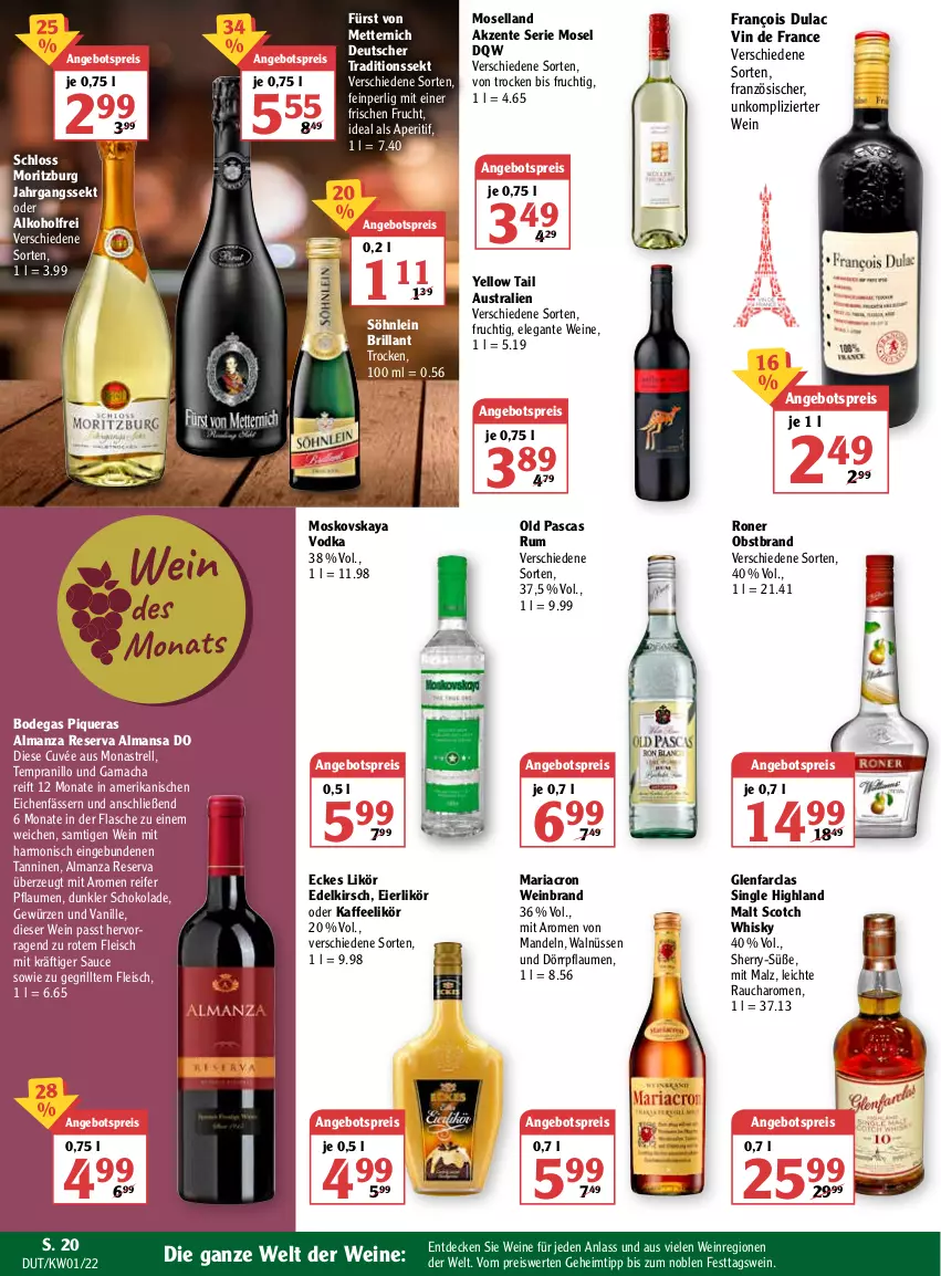 Aktueller Prospekt Globus - Prospekte - von 03.01 bis 08.01.2022 - strona 20 - produkty: alkohol, angebot, angebotspreis, aperitif, aust, cuvée, decke, eier, eierlikör, eis, ente, flasche, fleisch, frucht, fürst von metternich, gewürz, grill, gsw, jahrgangssekt, kaffee, kirsch, likör, malz, mandel, mandeln, mariacron, Mett, metternich, moselland, moskovskaya, obst, Obstbrand, pflaume, pflaumen, Rauch, reis, rel, Ria, rum, sauce, schoko, schokolade, scotch, scotch whisky, sekt, söhnlein, söhnlein brillant, tempranillo, Ti, vanille, vin de france, vodka, wein, weinbrand, weine, whisky, yellow tail