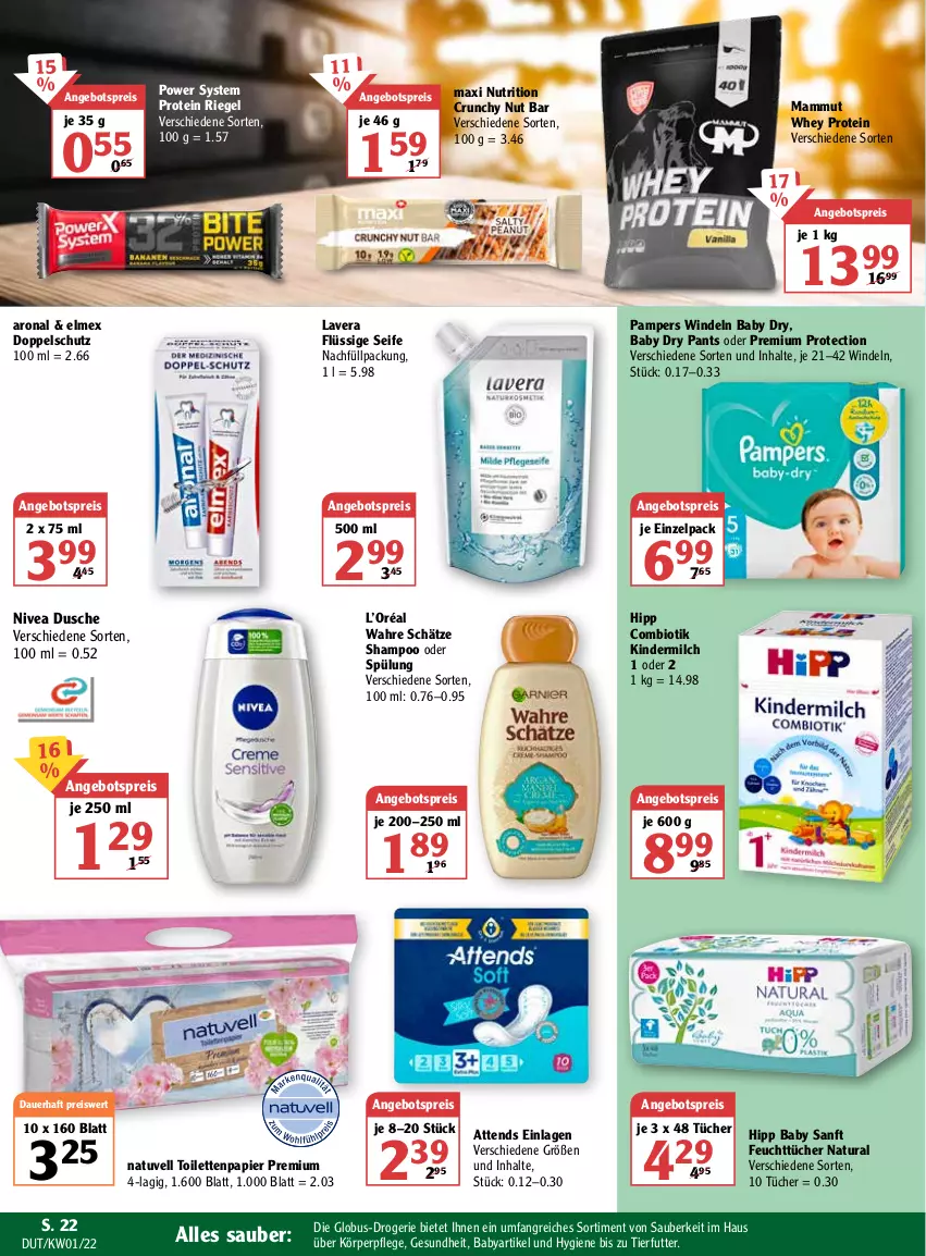 Aktueller Prospekt Globus - Prospekte - von 03.01 bis 08.01.2022 - strona 22 - produkty: angebot, angebotspreis, Attends, auer, bio, dusche, eis, elmex, feuchttücher, Gesundheit, hipp, Kinder, kindermilch, körperpflege, lavera, mam, milch, natur, natura, nivea, pampers, Pants, papier, reis, riegel, Seife, shampoo, shampoo oder spülung, spülung, Ti, toilettenpapier, tücher, Wahre Schätze, windeln