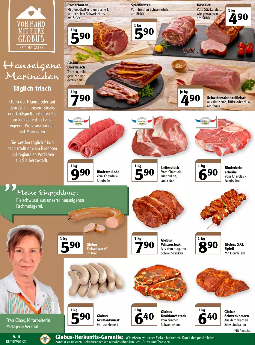 Aktueller Prospekt Globus - Prospekte - von 03.01 bis 08.01.2022 - strona 4 - produkty: braten, bratwurst, eis, elle, erde, fleisch, fleischwurst, grill, grillbratwurst, Grillspieße, jungbullen, kasseler, knoblauch, kotelett, leine, marinade, nuss, pfanne, rezept, rezepte, rind, rinder, Rinderroulade, ring, salz, schnitzel, schwein, schweine, schweinerücken, schweineschnitzel, Sport, steak, steaks, Ti, wein, weine, wurst