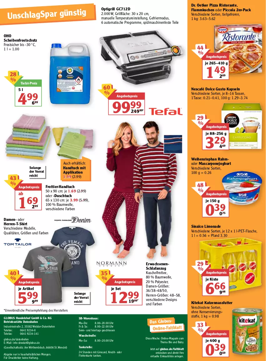 Aktueller Prospekt Globus - Prospekte - von 03.01 bis 08.01.2022 - strona 40 - produkty: angebot, angebotspreis, Anzug, auto, Bau, baumwolle, bio, cola, decke, dell, dolce gusto, Dr. Oetker, duschtuch, eier, eis, elle, flammkuchen, flasche, frottier-handtuch, grill, grillfläche, handtuch, herren-t-shirt, joghur, joghurt, kitekat, kuchen, lamm, Lefax, limo, limonade, magazin, mascarpone, Mode, nassfutter, Nescafé, Ofen, pet-flasche, pizza, reis, ristorante, Scheibenfrostschutz, Schlafanzug, shirt, sinalco, spülmaschinen, T-Shirt, tasse, tee, telefon, teller, Ti, tiefst-preis, tisch, tuc, uhr, weihenstephan, wolle