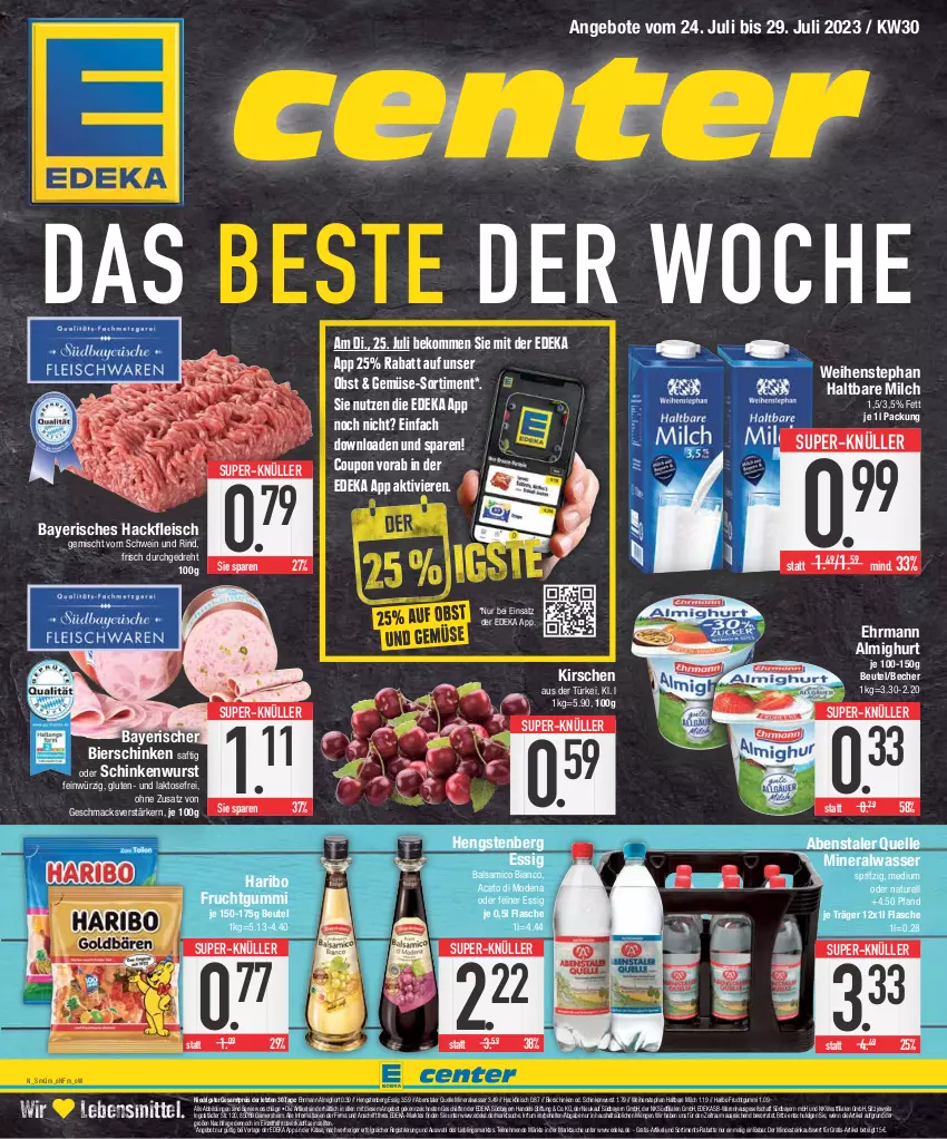 Aktueller Prospekt E Center - Angebote der Woche - von 24.07 bis 29.07.2023 - strona 1 - produkty: aceto, almighur, almighurt, Alwa, angebot, angebote, balsam, balsamico, balsamico bianco, Becher, beko, beutel, bier, bierschinken, coupon, deka, ehrmann, ehrmann almighurt, eis, elle, essig, flasche, fleisch, frucht, fruchtgummi, hackfleisch, hackfleisch gemischt, haltbare milch, haribo, hengstenberg, kirsch, kirsche, kirschen, lebensmittel, LG, mac, milch, mineralwasser, Mode, natur, obst, reis, rel, rind, saft, schinken, schinkenwurst, schwein, schwein und rind, super-knüller, Ti, vom schwein und rind, wasser, weihenstephan, wein, wurst, ZTE