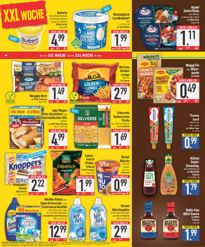 Aktueller Prospekt E Center - Angebote der Woche - von 24.07 bis 29.07.2023 - strona 14 - produkty: backfisch, bbq-sauce, Becher, beutel, birkel, braten, brot, butter, Butterschmalz, Cap, chips, chipsfrisch, colorwaschmittel, creme, dressing, eis, elle, ente, erde, filegro, filet, filets, fisch, fischstäbchen, flasche, funny-frisch, Golden Longs, hartweizen, hering, iglo, italienische pasta, joghur, joghurt, joghurt mild, knoppers, Kühne, landjoghurt, maggi, maggi fix, malz, mccain, meggle, Ofen, ofen-backfisch, pasta, reis, ring, salat, salatdressing, sauce, Schmalz, senf, spee, super-knüller, thomy, Ti, Tiere, vernel, waschmittel, weichspüler, ZTE