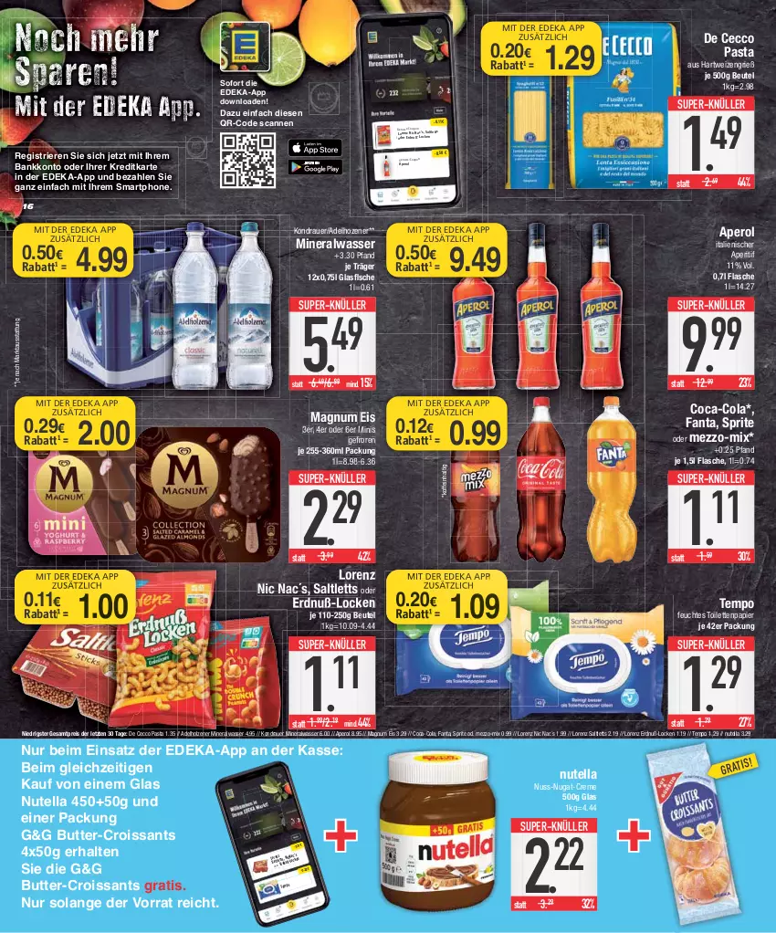 Aktueller Prospekt E Center - Angebote der Woche - von 24.07 bis 29.07.2023 - strona 16 - produkty: adelholzener, Alwa, aperitif, aperol, auer, Bank, beutel, butter, coca-cola, cola, coupon, creme, Croissant, croissants, De Cecco, deka, ecco, eis, fanta, feuchtes toilettenpapier, flasche, hartweizen, Holz, lorenz, magnum, mineralwasser, nuss, nuss-nugat-creme, nutella, papier, pasta, reis, saltletts, smartphone, sprite, super-knüller, Tempo, Ti, toilettenpapier, wasser, ZTE