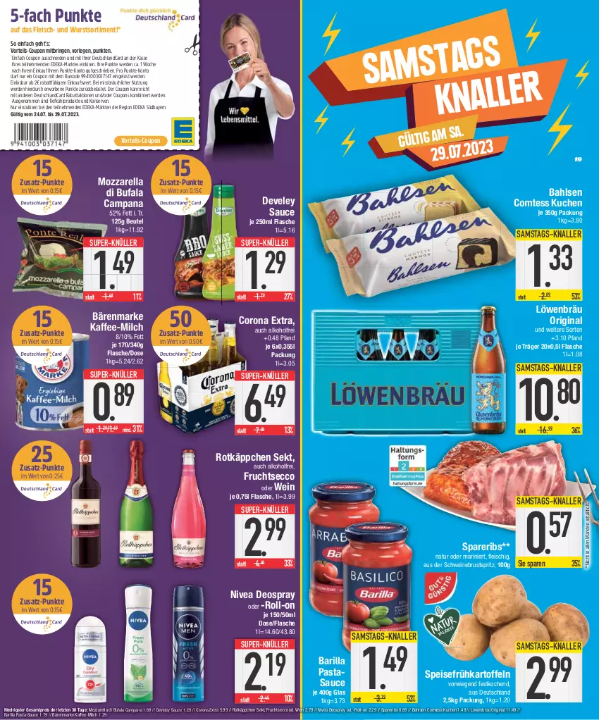 Aktueller Prospekt E Center - Angebote der Woche - von 24.07 bis 29.07.2023 - strona 19 - produkty: alkohol, bahlsen, bärenmarke, barilla, beutel, comtess, comtess kuchen, corona, corona extra, coupon, coupons, deka, deo, deospray, deutschlandcard, develey, di bufala, ecco, eis, erde, flasche, fleisch, frucht, fruchtsecco, Frühkartoffeln, gin, kaffee, kartoffel, kartoffeln, Konserven, kuchen, milch, mozzarella, natur, nivea, pasta, pasta-sauce, reis, rel, ring, roll-on, rotkäppchen, sauce, schwein, schweine, sekt, spareribs, speisefrühkartoffeln, super-knüller, Ti, wein, weine, wurst, ZTE