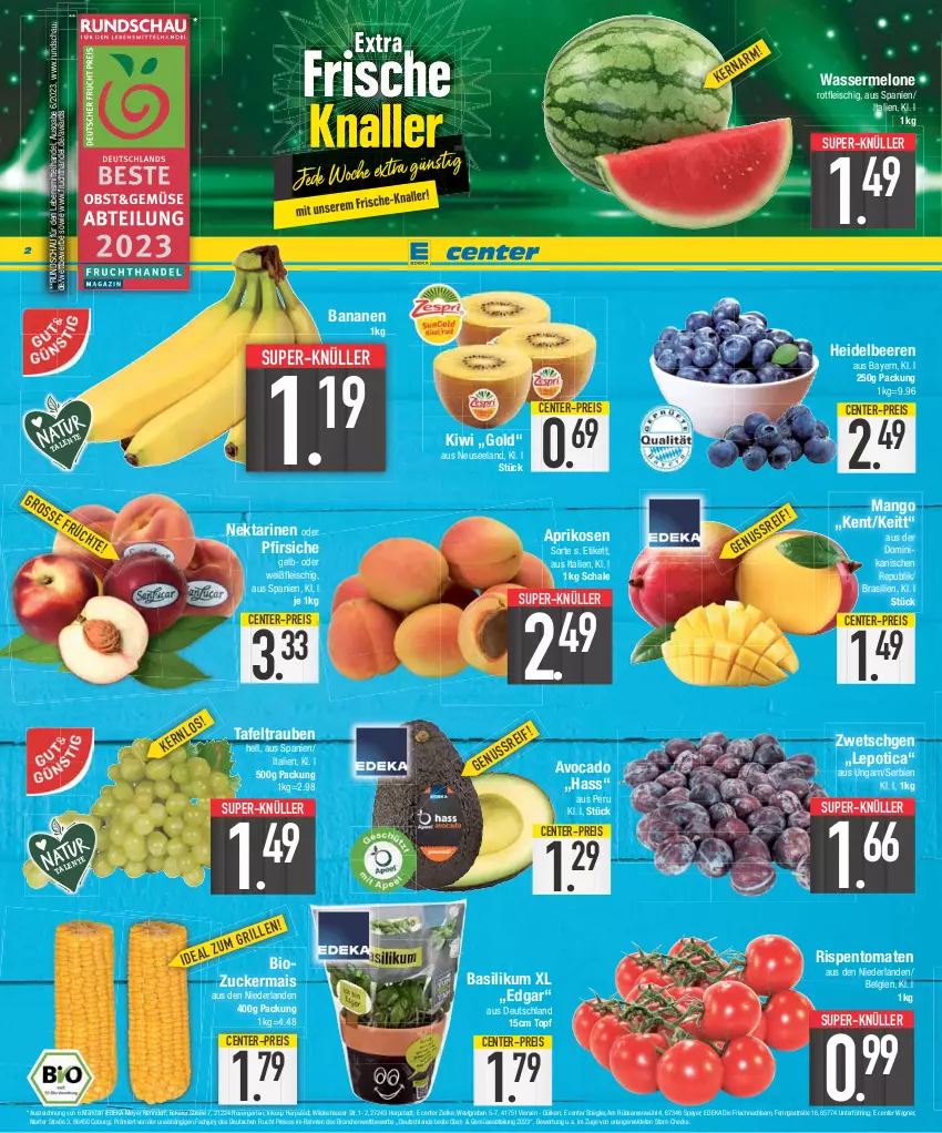 Aktueller Prospekt E Center - Angebote der Woche - von 24.07 bis 29.07.2023 - strona 2 - produkty: Abtei, aprikose, aprikosen, Astra, avocado, banane, bananen, basilikum, beere, beeren, bio, deka, eis, Elan, ente, fleisch, frucht, Garten, heidelbeere, heidelbeeren, kiwi, lebensmittel, LG, mais, mango, melone, Nektar, nektarinen, nektarinen oder, obst, oder pfirsiche, pfirsich, pfirsiche, reis, ring, rispentomaten, rosen, Schal, Schale, speyer, Stiegl, super-knüller, tafeltrauben, Ti, tomate, tomaten, topf, trauben, wagner, wasser, wassermelone, Wild, zucker, zuckermais