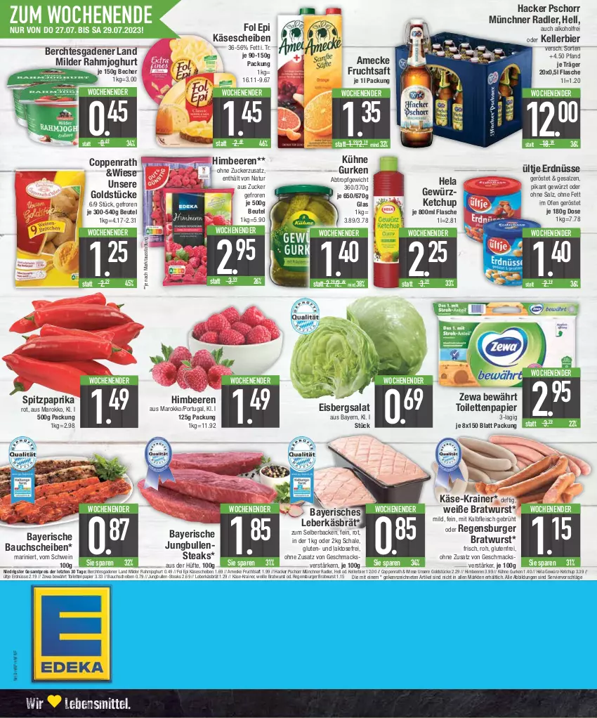 Aktueller Prospekt E Center - Angebote der Woche - von 24.07 bis 29.07.2023 - strona 20 - produkty: alkohol, amecke, Bau, bauchscheiben, Becher, beere, beeren, beutel, bier, bratwurst, burger, coppenrath, eis, eisbergsalat, elle, erdnüsse, flasche, fleisch, fol epi, frucht, fruchtsaft, gewürz, gewürzketchup, Goldstücke, gurke, gurken, hacker pschorr, Hela, himbeer, himbeere, himbeeren, joghur, joghurt, jungbullen, Kalbfleisch, Käse, käsescheiben, kellerbier, ketchup, Kühne, lebensmittel, leberkäs, mac, mit kalbfleisch, natur, Ofen, papier, paprika, radler, rahmjoghurt, regensburger, reis, saft, salat, salz, Schal, Schale, schwein, Spitzpaprika, steak, steaks, Ti, toilettenpapier, ültje, ültje erdnüsse, wein, wurst, zewa, ZTE, zucker