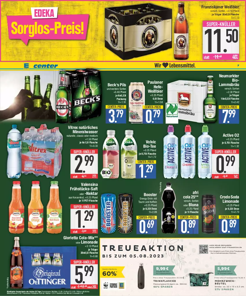 Aktueller Prospekt E Center - Angebote der Woche - von 24.07 bis 29.07.2023 - strona 7 - produkty: Afri Cola, Alwa, beutel, bier, bio, cola, deka, drink, eis, elle, energy drink, ente, flasche, franziskaner, Hefe, lamm, limo, limonade, mineralwasser, natur, natürliches mineralwasser, Nektar, Paula, paulaner, pet-flasche, pils, reis, rel, saft, Soda, super-knüller, tee, Ti, trinkflasche, valensina, vitrex, volvic, wasser, weck, ZTE