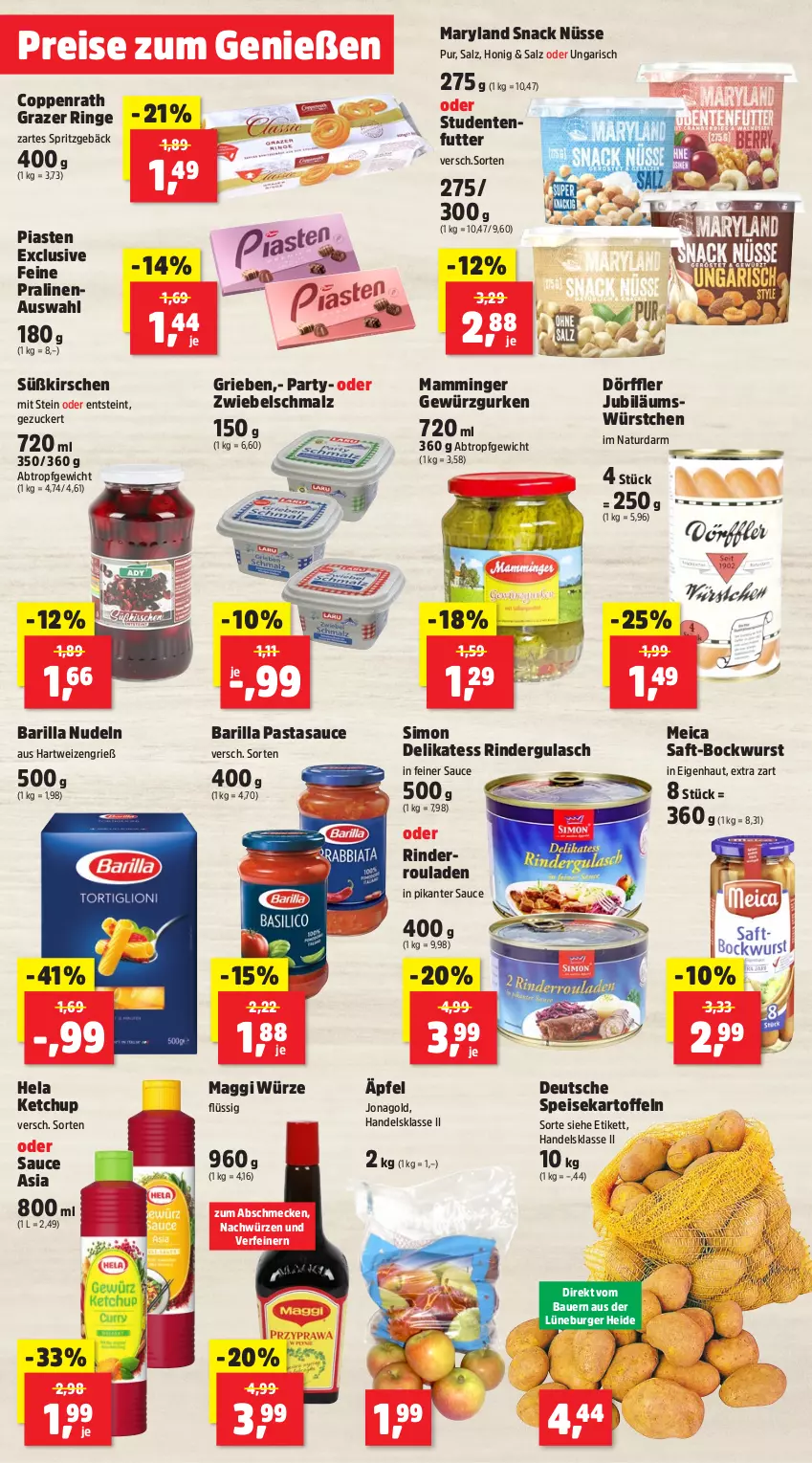 Aktueller Prospekt Thomas Philipps - von 16.12 bis 21.12.2024 - strona 10 - produkty: auer, barilla, Bau, Bauer, bockwurst, burger, coppenrath, eis, ente, gewürz, Gewürzgurke, gewürzgurken, gulasch, gurke, gurken, hartweizen, Hela, honig, Jubiläums, kartoffel, kartoffeln, ketchup, kirsch, kirsche, kirschen, maggi, maggi würze, malz, mam, mamminger, meica, natur, nudel, nudeln, pasta, pralinen, Razer, reis, rind, rinder, rindergulasch, Rinderroulade, rinderrouladen, ring, rouladen, saft, salz, sauce, Schmalz, sim, snack, speisekartoffeln, Spritzgebäck, studentenfutter, Ti, wurst, würstchen, zucker, zwiebel