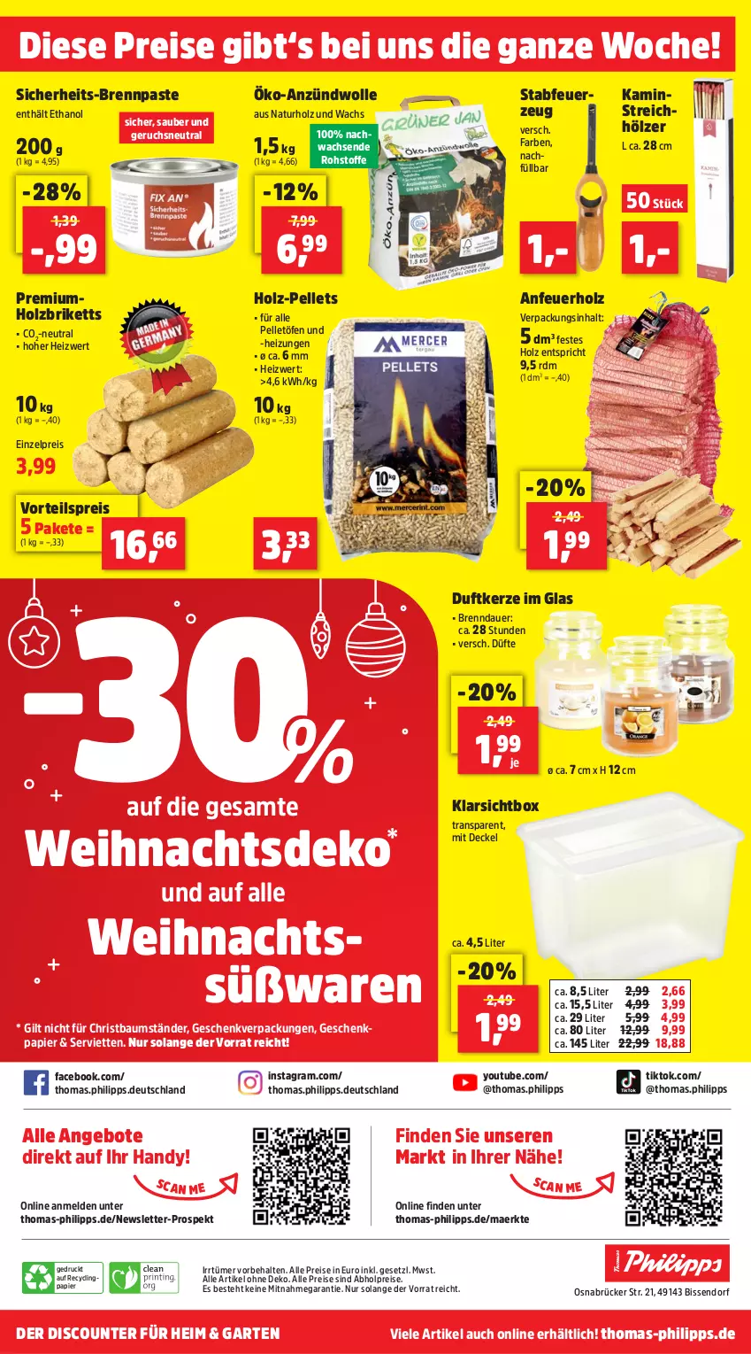 Aktueller Prospekt Thomas Philipps - von 16.12 bis 21.12.2024 - strona 14 - produkty: abholpreise, alle preise sind abholpreise, Anfeuerholz, angebot, angebote, auer, Bau, Brennpaste, briketts, Clin, decke, Deckel, discount, Duftkerze, eis, elle, Feuerzeug, Garten, Geschenkpapier, Handy, Heizungen, Holz, Holzbriketts, Kamin, kerze, Klarsichtbox, natur, papier, Pellets, reis, Serviette, servietten, Ti, vorteilspreis, wolle, Yo