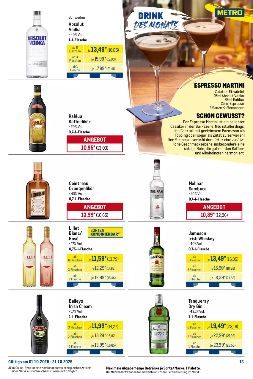 Aktueller Prospekt Metro - Monats-Menü - von 01.10 bis 31.10.2025 - strona 13 - produkty: Absolut Vodka, alkohol, angebot, baileys, bohne, bohnen, cocktail, drink, dry gin, eis, eiswürfel, espresso, flasche, frucht, früchte, früchten, getränk, getränke, gin, Havana Club, Holz, irish cream, irish whiskey, jameson, kaffee, kaffeebohnen, küche, likör, lillet, limette, limo, limonade, mac, mango, martini, Mett, minze, mojito, Molinari, orange, orangen, Palette, reis, rum, rwe, salz, sambuca, Tanqueray, Ti, tisch, usb, vanille, vodka, whiskey, würfel, zitrone, zitronen, zucker