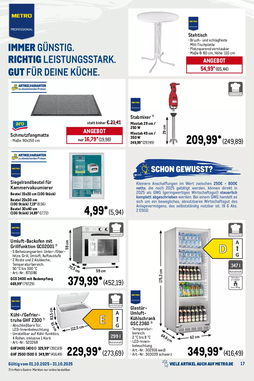 Aktueller Prospekt Metro - Monats-Menü - von 01.10 bis 31.10.2025 - strona 17 - produkty: angebot, aust, backofen, beleuchtung, besteck, beutel, Bref, eis, flasche, Glastür, grill, HP, korb, kühlschrank, latte, LG, Löffel, Metro, metro gastro, Mixer, Ofen, pril, reis, rum, schmutzfangmatte, Schrank, spülmaschinen, spülmittel, stabmixer, Ti, tiefpreis, tisch, tischplatte, Vakuumierer, wein