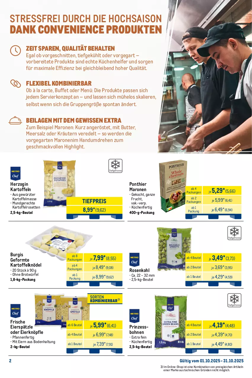 Aktueller Prospekt Metro - Monats-Menü - von 01.10 bis 31.10.2025 - strona 2 - produkty: Bau, Becher, beutel, bohne, bohnen, brot, butter, eier, eierspätzle, eis, erde, feta, frucht, Garten, gewürz, gin, hafer, ilag, kartoffel, Kartoffelknödel, kartoffeln, Knödel, kräuter, kräutern, küche, Küchen, Küchenhelfer, Küchensahne, Kugel, mac, meersalz, Mett, metten, Mettenden, milch, milram, mozzarella, oder kräuter, pfanne, pfannen, prinzessbohnen, prosciutto, prosciutto cotto, reis, rel, rosen, Rosenkohl, sahne, salz, schnitten, Speck, Ti, tiefpreis, tisch, wiener, würfel, ZTE
