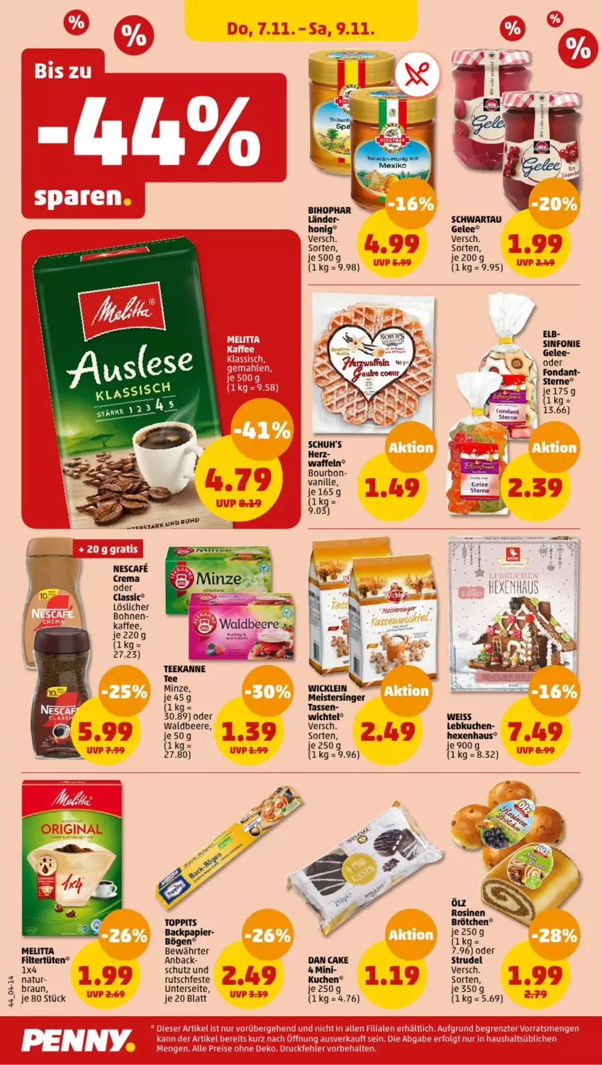 Aktueller Prospekt Penny - Prospekte - von 04.11 bis 09.11.2024 - strona 44 - produkty: beere, bihophar, bohne, bohnen, bourbon, braun, eis, gelee, honig, kaffee, kuchen, Lebkuchen, Meister, melitta, minze, natur, nescafe, papier, Schwartau, Strudel, tasse, tee, teekanne, toppits, Tüte, vanille, waffeln, Wichtel, WICK