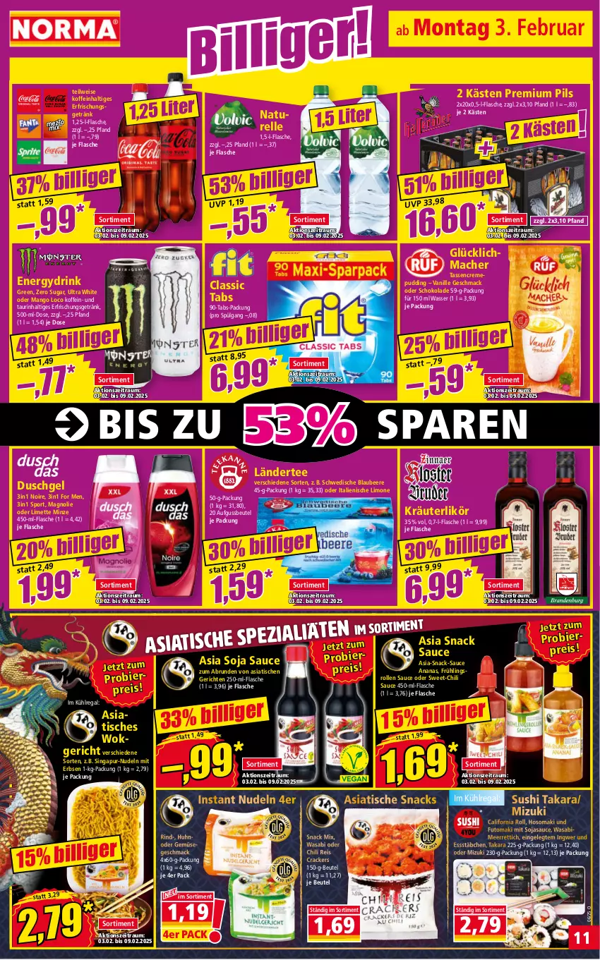 Aktueller Prospekt Norma - Norma - von 03.02 bis 10.02.2025 - strona 11 - produkty: ananas, beere, beutel, bier, Blaubeer, blaubeere, chili, cracker, creme, drink, duschgel, eis, elle, erbsen, erfrischungsgetränk, flasche, getränk, ingwer, kräuter, kräuterlikör, kühlregal, Ländertee, LG, likör, limette, limo, mac, mango, meerrettich, Mett, minze, natur, nudel, nudeln, pils, premium pils, pudding, regal, reis, rel, Rettich, rind, sauce, schoko, schokolade, snack, snacks, soja, sojasauce, Sport, Sushi, tasse, tee, Ti, tisch, vanille, wasa, wasser, wok