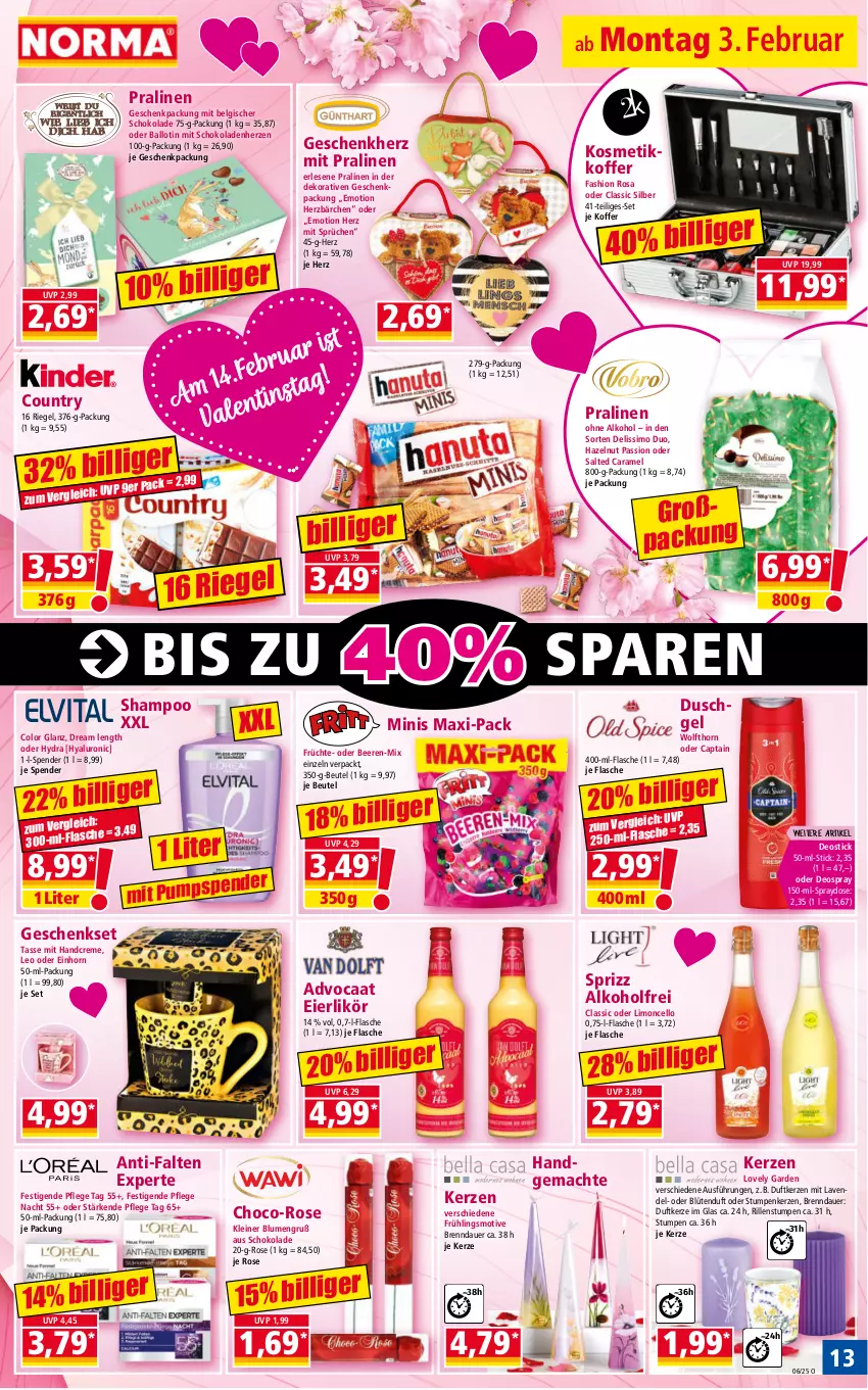 Aktueller Prospekt Norma - Norma - von 03.02 bis 10.02.2025 - strona 13 - produkty: alkohol, anti-falten experte, auer, ball, beere, beeren, beutel, blume, blumen, Blüte, Cap, caramel, creme, deo, deospray, Deostick, Duftkerze, duschgel, eier, eierlikör, flasche, früchte, geschenkpackung, geschenkset, handcreme, hyaluron, kerze, koffer, kosmetik, lavendel, leine, LG, likör, limo, mac, oder deospray, ohne alkohol, pralinen, riegel, schoko, schokolade, schokoladen, shampoo, sim, Sprizz, tasse, Ti