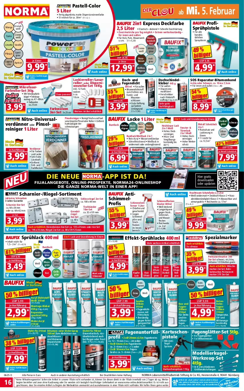 Aktueller Prospekt Norma - Norma - von 03.02 bis 10.02.2025 - strona 16 - produkty: angebot, angebote, asti, auer, Bau, Bebe, braun, Brei, brie, bügel, Cap, cin, creme, decke, dell, Dispersionsroller, eimer, eis, elle, Farben und Lacke, Farbroller, Farbwalzen, fenster, Fugendichtmasse, Fugenglätter, gin, Holz, HP, innenfarbe, Kamin, Kette, kleber, kraft, Kugel, lack, Lacke, Lackierroller, Lasurroller, lebensmittel, leine, LG, limette, mango, messer, Mett, mikrofaser, Mode, ndk, Nitro-Universalverdünner, nuss, pfirsich, pilze, Pinsel, reiniger, Reinigung, Reinigungsmittel, reis, rel, riegel, Roller, rwe, schrauben, spachtel, Spezi, Spezialmarker, Sprühlack, Sprühpistole, Teleskop, Ti, tisch, Universalverdünner, vanille, wasser, Weißlack, werkzeug, ZTE