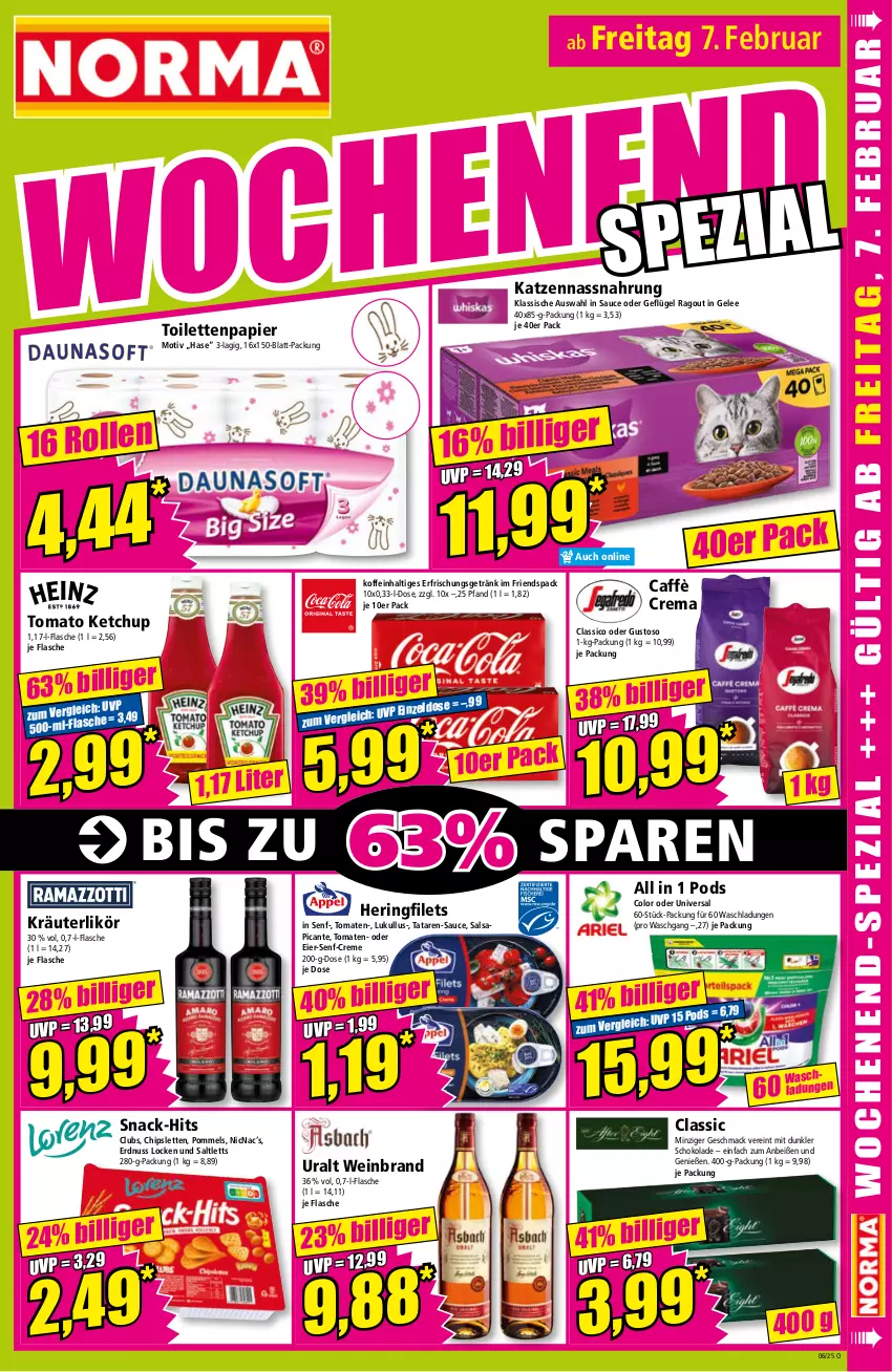 Aktueller Prospekt Norma - Norma - von 03.02 bis 10.02.2025 - strona 17 - produkty: caffè crema, chips, classico, creme, eier, erdnuss, erfrischungsgetränk, filet, filets, flasche, Geflügel, gelee, getränk, hering, ketchup, kräuter, kräuterlikör, likör, lukull, mac, Nassnahrung, nuss, papier, Pods, Pommels, Ragout, ring, Salsa, saltletts, sauce, schoko, schokolade, senf, snack, Ti, toilettenpapier, tomate, tomaten, tomato ketchup, wein, weinbrand