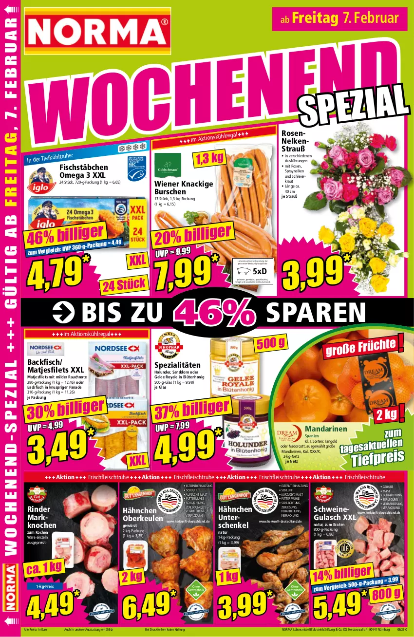 Aktueller Prospekt Norma - Norma - von 03.02 bis 10.02.2025 - strona 18 - produkty: backfisch, Blüte, blütenhonig, braten, eier, eis, filet, filets, fisch, fischstäbchen, fleisch, gelee, gewürz, gulasch, henkel, holunder, honig, Kraut, kühlregal, lebensmittel, mandarine, mandarinen, matjes, Matjesfilet, matjesfilets, natur, omega, Rauch, regal, reis, rind, rinder, rosen, sanddorn, schenkel, schwein, schweine, schweinegulasch, Spezi, Ti, tiefpreis, wein, weine, wiener