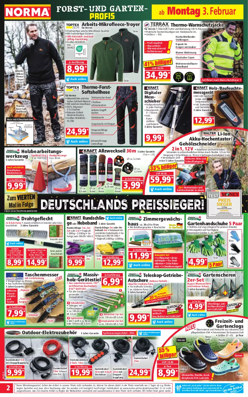 Aktueller Prospekt Norma - Norma - von 03.02 bis 10.02.2025 - strona 2 - produkty: akku, Akku-Hochentaster, aqua, asti, batterie, batterien, Bau, Beba, Bebe, blume, blumen, boss, buch, Clogs, decksohle, Draht, edelstahl, eis, Elektro, elle, erde, fisch, Garten, Gartenschere, Gewächshaus, gin, handschuhe, Handy, Handytasche, Holz, hose, Jacke, Kette, kokos, korn, kraft, ladegerät, Lampe, Laufen, LG, Liege, massivholz, messer, natur, ndk, orange, reis, reiss, Ria, rind, säge, Schere, schnellladegerät, schuhe, Softshellhose, Spaten, steckdose, Tasche, taschen, Teleskop, Ti, Tiere, Tipi, tisch, wasser, weck, werkzeug