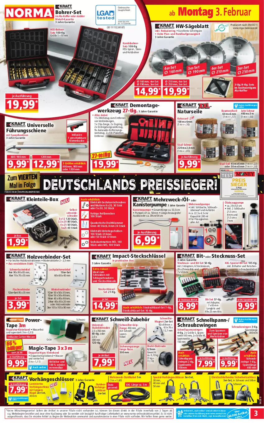 Aktueller Prospekt Norma - Norma - von 03.02 bis 10.02.2025 - strona 3 - produkty: adapter, auto, Autoradio, Bau, Beba, Bebe, Bohrer-Set, bügel, Draht, edelstahl, eis, Elektro, elle, ente, gin, gsw, Holz, HP, Kette, kleid, Kleidung, koffer, kokos, lamm, latte, LG, messer, mm extra, natur, ndk, nuss, quad, Radio, Rauch, reis, reiss, Ria, riegel, ring, rwe, säge, schlauch, schläuche, schrauben, Schraubendreher, Spezi, Ti, tisch, usb, wasser, weck, werkzeug