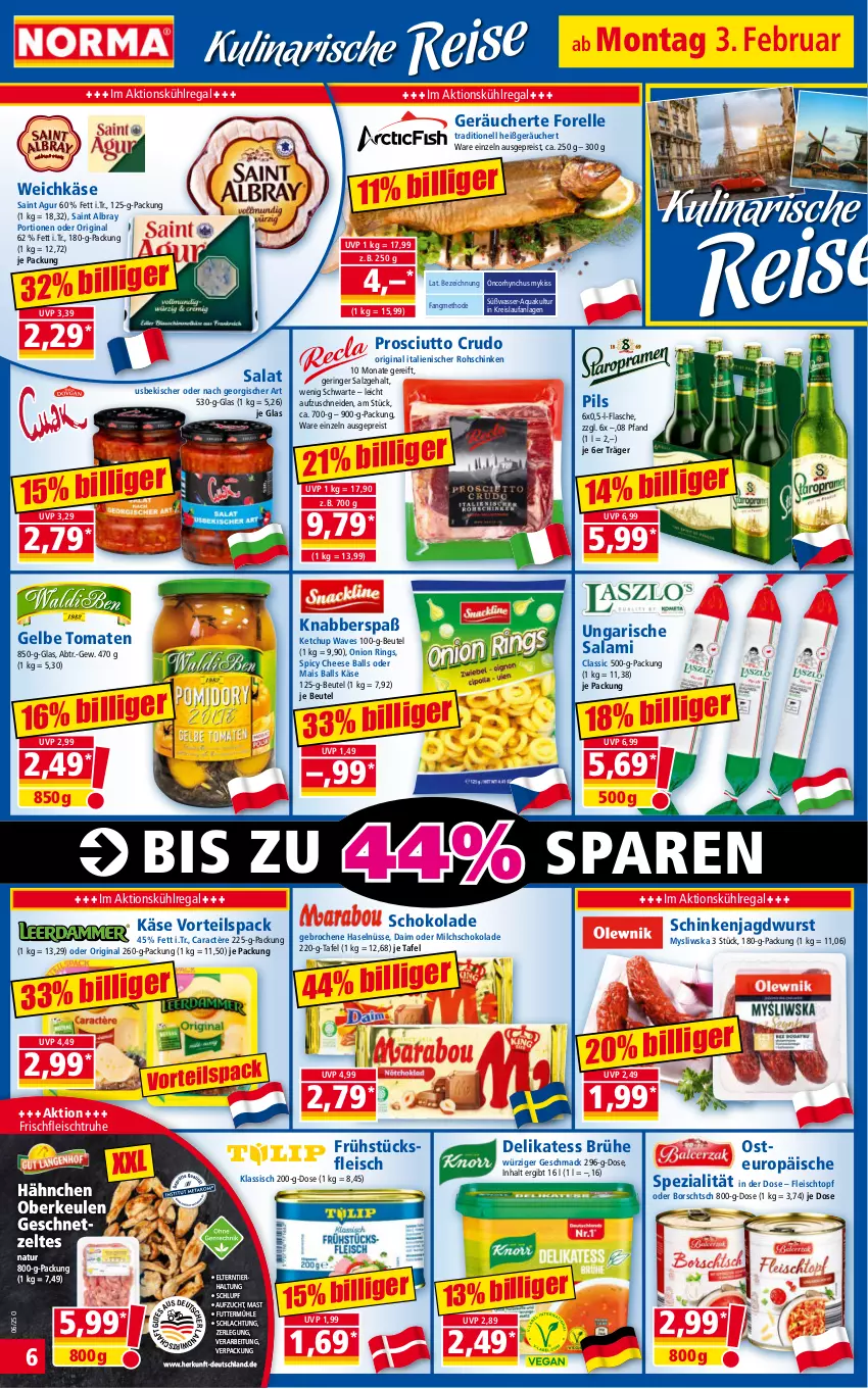 Aktueller Prospekt Norma - Norma - von 03.02 bis 10.02.2025 - strona 6 - produkty: albray, aqua, ball, beutel, Borschtsch, Brühe, caractère, daim, eis, elle, flasche, fleisch, Fleischtopf, forelle, frühstücksfleisch, geschnetzeltes, gin, jagdwurst, Käse, ketchup, kühlregal, mac, mais, milch, natur, pils, prosciutto, prosciutto crudo, regal, reis, rel, ring, rohschinken, Saint Agur, saint albray, salami, salat, salz, schinken, schoko, schokolade, Spezi, Ti, tomate, tomaten, topf, Ungarische Salami, usb, wasser, weichkäse, wurst, Zelt