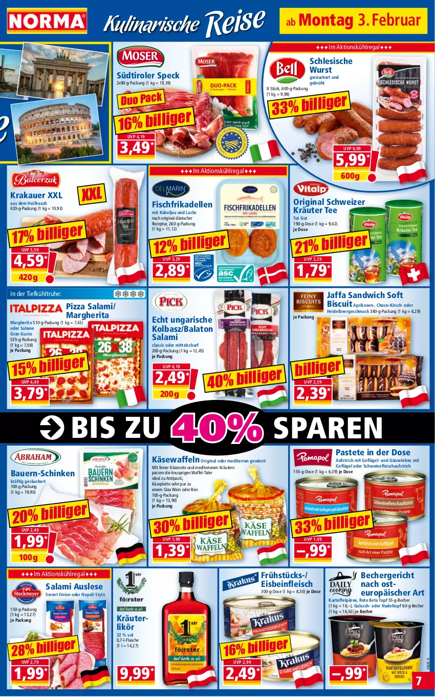 Aktueller Prospekt Norma - Norma - von 03.02 bis 10.02.2025 - strona 7 - produkty: antipasti, aprikose, aprikosen, asti, auer, aufstrich, Balaton, Bau, Bauer, Becher, bier, dell, eis, elle, fisch, flasche, fleisch, frikadellen, Gänseleber, Geflügel, gewürz, gin, gulasch, kartoffel, Kartoffelpüree, Käse, kirsch, krakauer, kräuter, kräuterlikör, kräutern, kühlregal, lachs, latte, likör, mac, margherita, nudel, pastete, pizza, püree, Rauch, regal, rezept, rote bete, salami, sandwich, schinken, schwein, schweine, schweinefleisch, Speck, südtiroler, tee, Ti, topf, waffeln, wein, weine, wurst