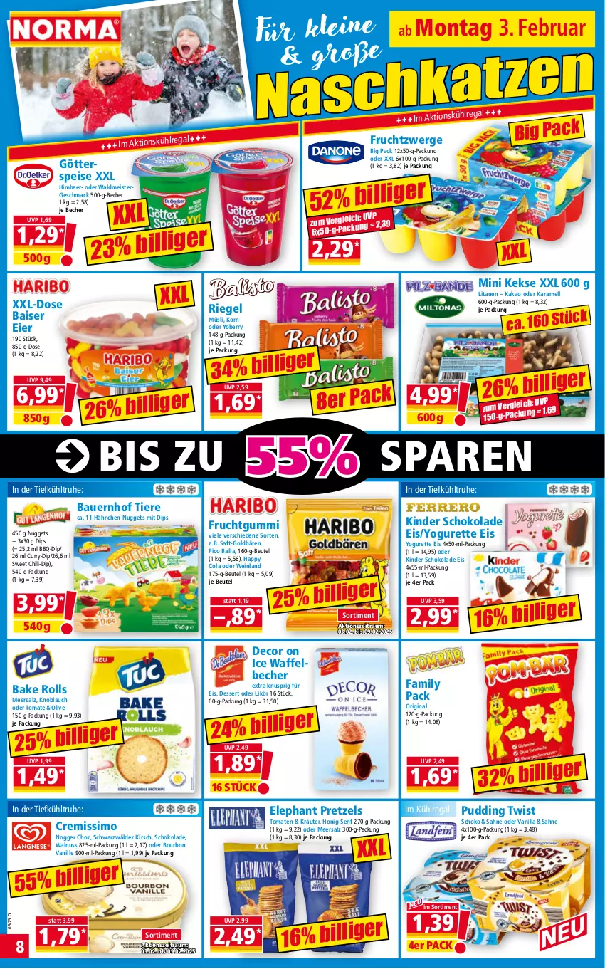 Aktueller Prospekt Norma - Norma - von 03.02 bis 10.02.2025 - strona 8 - produkty: auer, ball, Bau, Bauer, Becher, beutel, bourbon, bourbon vanille, chili, cola, cremissimo, curry, decor, dessert, dip, eier, eis, frucht, fruchtgummi, fruchtzwerge, gin, goldbären, götterspeise, himbeer, honig, Honig-Senf, kakao, karamell, keks, kekse, Kinder, kinder schokolade, kirsch, knoblauch, korn, kräuter, kühlregal, likör, mac, meersalz, Meister, müsli, nogger, nuggets, nuss, olive, Pretzel, pudding, regal, riegel, saft, sahne, salz, schoko, schokolade, senf, sim, Ti, Tiere, tomate, tomaten, vanille, waldmeister, walnuss, wein, Yo, yogurette