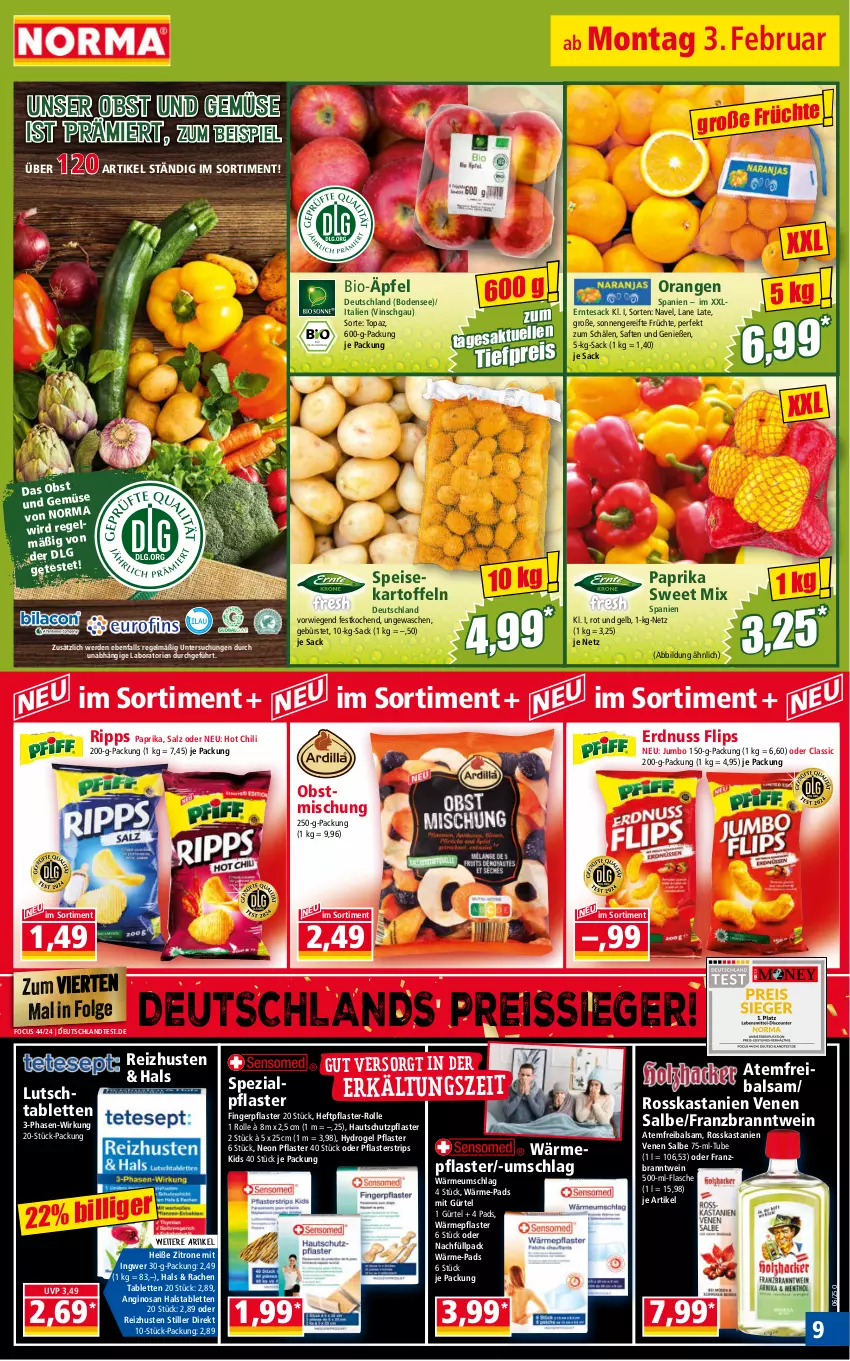 Aktueller Prospekt Norma - Norma - von 03.02 bis 10.02.2025 - strona 9 - produkty: balsam, bio, bürste, chili, eis, erde, erdnuss, flasche, früchte, gin, hot chili, ingwer, jumbo, kartoffel, kartoffeln, LG, nuss, obst, Obst und Gemüse, orange, orangen, paprika, pflaster, reis, reiss, sac, saft, salz, speisekartoffeln, Spezi, tablet, tablett, Tablette, tesa, Ti, tiefpreis, und gemüse, wein, zitrone