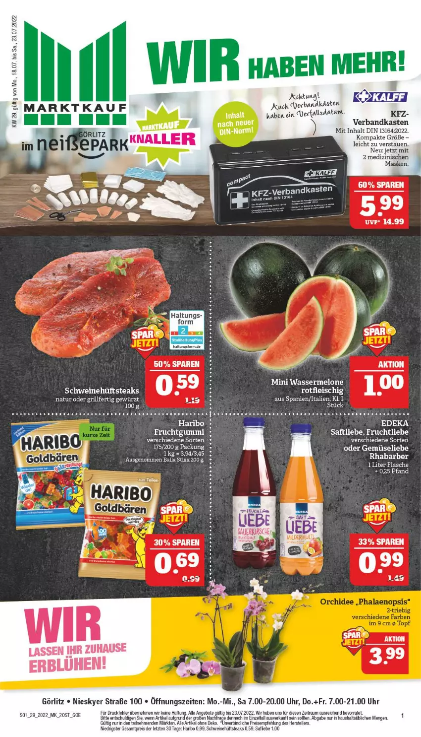 Aktueller Prospekt Marktkauf - Prospekt - von 17.07 bis 23.07.2022 - strona 1 - produkty: angebot, angebote, ball, eis, elle, flasche, fleisch, frucht, fruchtgummi, gewürz, grill, haribo, hüftsteak, hüftsteaks, Maske, melone, natur, ndk, reis, rhabarber, saft, schwein, schweine, steak, steaks, tee, teller, Ti, uhr, Verbandkasten, wasser, wassermelone, wein, weine, ZTE