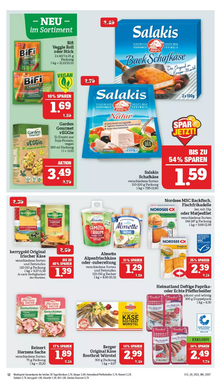 Aktueller Prospekt Marktkauf - Prospekt - von 17.07 bis 23.07.2022 - strona 12 - produkty: almette, alpenfrischkäse, backfisch, Becher, Berger, bifi, dell, dip, eis, elle, filet, fisch, frischkäse, garden gourmet, gin, Käse, kerrygold, lebensmittel, matjes, Matjesfilet, Mett, Nordsee, paprika, pfeffer, Pfefferbeißer, reinert, reis, sac, salakis, schafkäse, Ti, veggie, ZTE