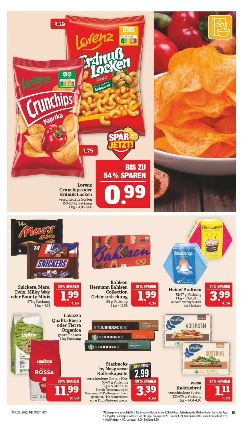 Aktueller Prospekt Marktkauf - Prospekt - von 17.07 bis 23.07.2022 - strona 15 - produkty: aktionspreis, bahlsen, bohne, bohnen, bounty, brot, chips, crunchips, deka, eis, espresso, gebäckmischung, kaffee, kaffeekapseln, kaffeemaschine, knäckebrot, korn, lavazza, lorenz, lorenz crunchips, mars, milky way, nespresso, nuss, pralinen, reis, rwe, snickers, starbucks, Ti, twix, wasa, WICK, ZTE