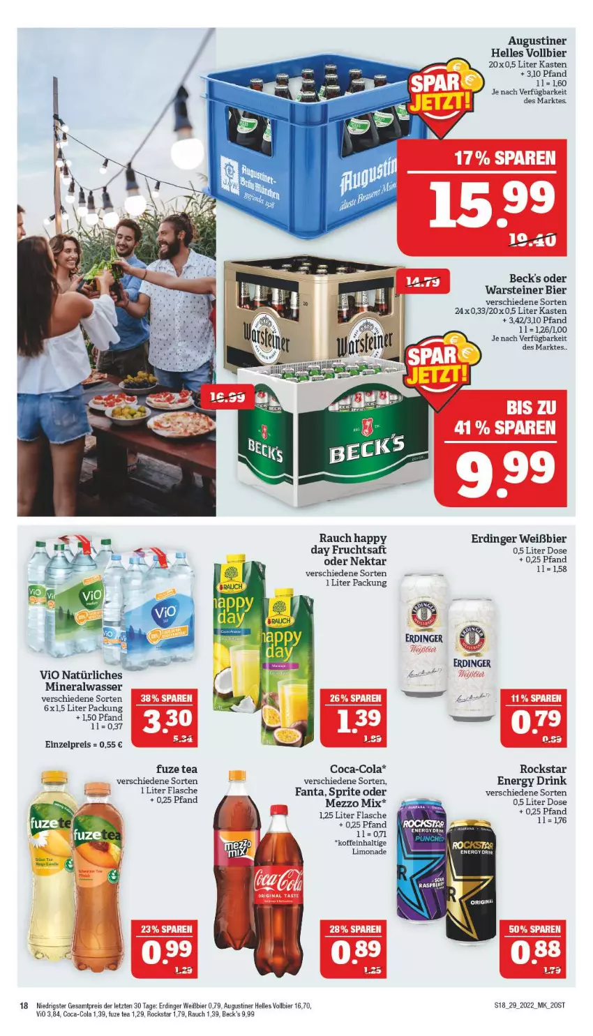 Aktueller Prospekt Marktkauf - Prospekt - von 17.07 bis 23.07.2022 - strona 18 - produkty: Alwa, beck's, bier, coca-cola, cola, drink, eis, elle, energy drink, erdinger, fanta, flasche, frucht, fruchtsaft, fuze tea, fuzetea, gin, limo, limonade, Mezzo Mix, mineralwasser, natürliches mineralwasser, Nektar, Rauch, reis, Rockstar, saft, sprite, steiner, Ti, warsteiner, wasser, ZTE