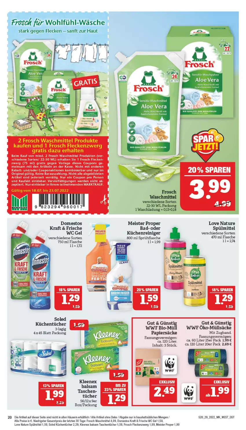 Aktueller Prospekt Marktkauf - Prospekt - von 17.07 bis 23.07.2022 - strona 20 - produkty: Bad, balsam, bio, coupon, coupons, domestos, eis, erde, flasche, Frosch, gin, kraft, küche, Küchen, küchentücher, Meister, meister proper, natur, papier, reiniger, reis, sprühflasche, spülmittel, Tasche, taschen, taschentücher, Ti, tücher, waschmittel, ZTE