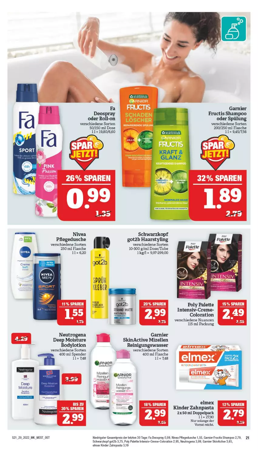 Aktueller Prospekt Marktkauf - Prospekt - von 17.07 bis 23.07.2022 - strona 21 - produkty: arla, Bad, body, bodylotion, creme, deo, deospray, dusche, eis, elle, elmex, flasche, fructis, garnier, got2b, gsw, Haarlack, Kinder, kleber, kraft, lack, Lotion, mizellen, Mizellen Reinigungswasser, neutrogena, nivea, Nuance, Palette, pasta, pflegedusche, Reinigung, reis, roll-on, schwarzkop, schwarzkopf, shampoo, spülung, Ti, wasser, zahnpasta, ZTE