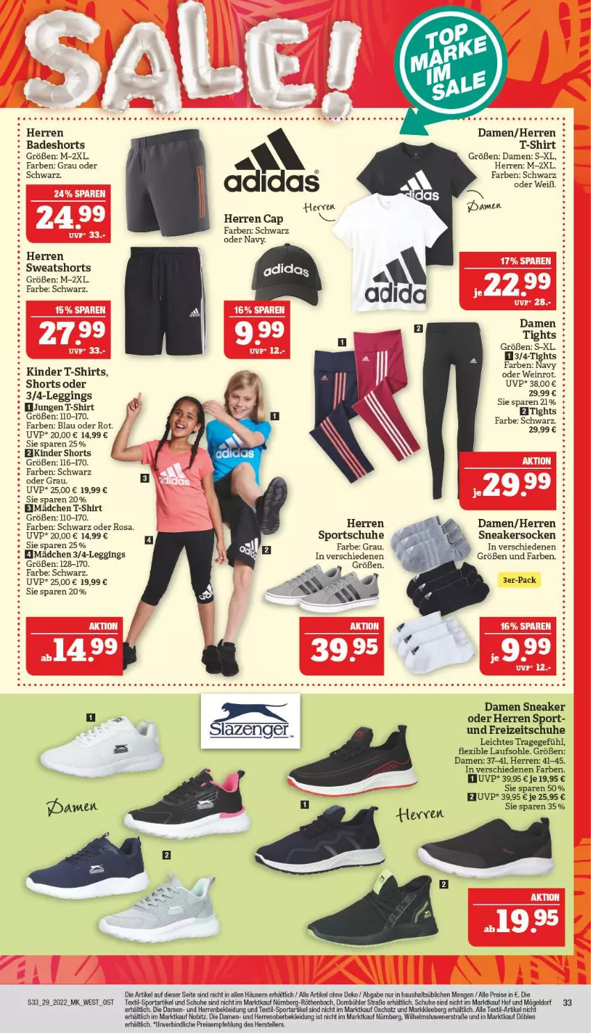 Aktueller Prospekt Marktkauf - Prospekt - von 17.07 bis 23.07.2022 - strona 33 - produkty: Adidas, Bad, badeshorts, Cap, eis, elle, Freizeitschuhe, gin, herren badeshort, Kinder, kleid, Kleidung, leggings, reis, schuhe, shirt, shirts, shorts, sneaker, sneakersocken, socken, Sport, sportschuhe, sweatshorts, T-Shirt, teller, Ti