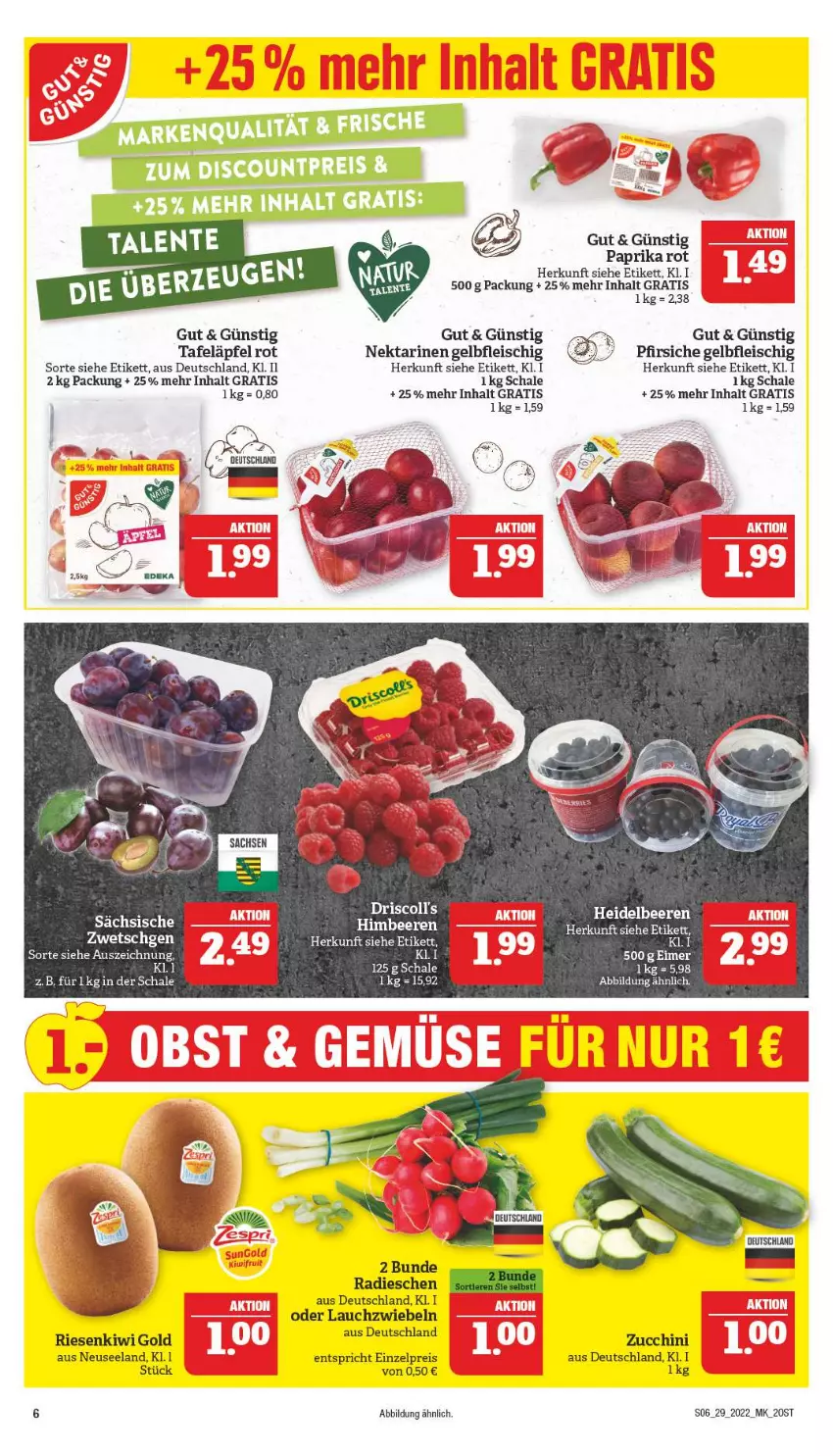 Aktueller Prospekt Marktkauf - Prospekt - von 17.07 bis 23.07.2022 - strona 6 - produkty: driscoll's, eis, Elan, fleisch, kiwi, Kiwi Gold, Lauchzwiebel, lauchzwiebeln, Nektar, nektarinen, paprika, paprika rot, pfirsich, pfirsiche, radieschen, reis, Schal, Schale, tafeläpfel, Ti, zucchini, zwiebel, zwiebeln