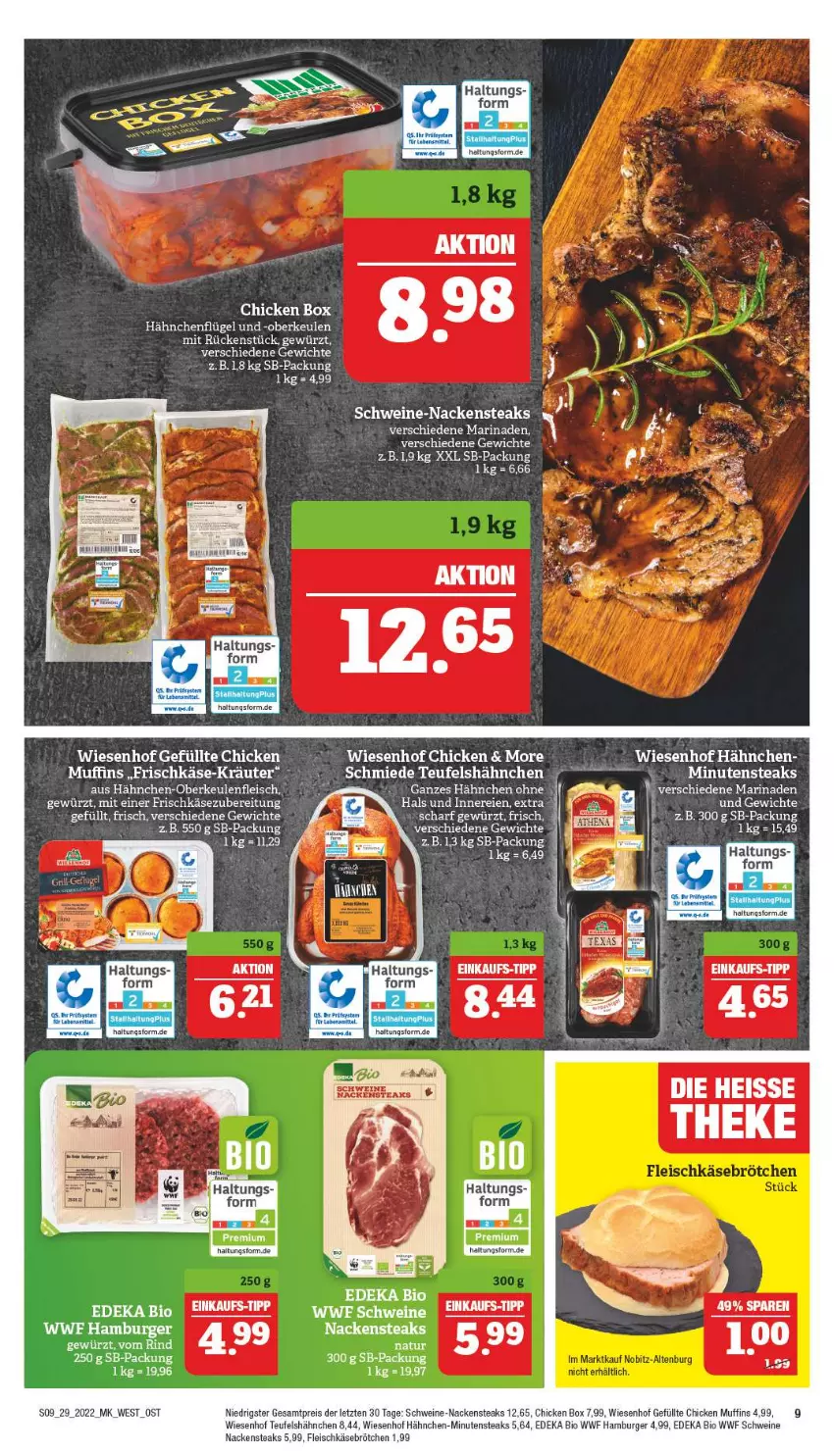 Aktueller Prospekt Marktkauf - Prospekt - von 17.07 bis 23.07.2022 - strona 9 - produkty: bio, brötchen, burger, deka, edeka bio, eis, elle, fleisch, fleischkäse, frischkäse, frischkäsezubereitung, gewürz, Hähnchen-Oberkeulen, hähnchenflügel, hamburger, Käse, kräuter, marinade, minutensteaks, Muffin, muffins, Nackensteak, nackensteaks, natur, reis, rind, schwein, schweine, steak, steaks, Ti, wein, weine, wiesenhof, ZTE