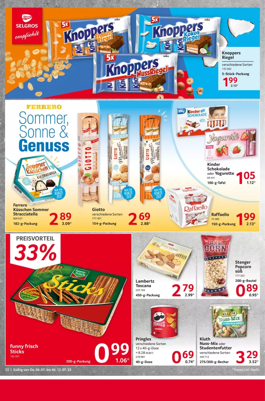 Aktueller Prospekt Selgros - Food - von 06.07 bis 12.07.2023 - strona 12 - produkty: ACC, Amber, Becher, beutel, eis, ente, ferrero, giotto, Kinder, knoppers, lambertz, nuss, oder yogurette, popcorn, preisvorteil, pringles, raffaello, reis, riegel, ring, schoko, schokolade, studentenfutter, Ti, Yo, yogurette