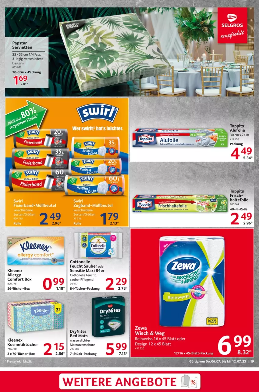 Aktueller Prospekt Selgros - Food - von 06.07 bis 12.07.2023 - strona 19 - produkty: cottonelle, DryNites, elle, frischhaltefolie, kosmetik, Kosmetiktücher, matratze, matratzen, Serviette, servietten, Ti, toppits, tücher, wasser