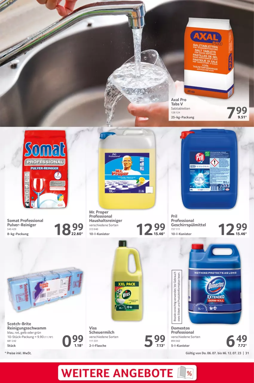 Aktueller Prospekt Selgros - Food - von 06.07 bis 12.07.2023 - strona 31 - produkty: bio, domestos, eis, flasche, geschirr, geschirrspülmittel, Heu, milch, pril, Rauch, reiniger, Reinigung, reis, rwe, salz, scheuermilch, schwamm, scotch, somat, spülmittel, tablet, tablett, Tablette, tee, Ti