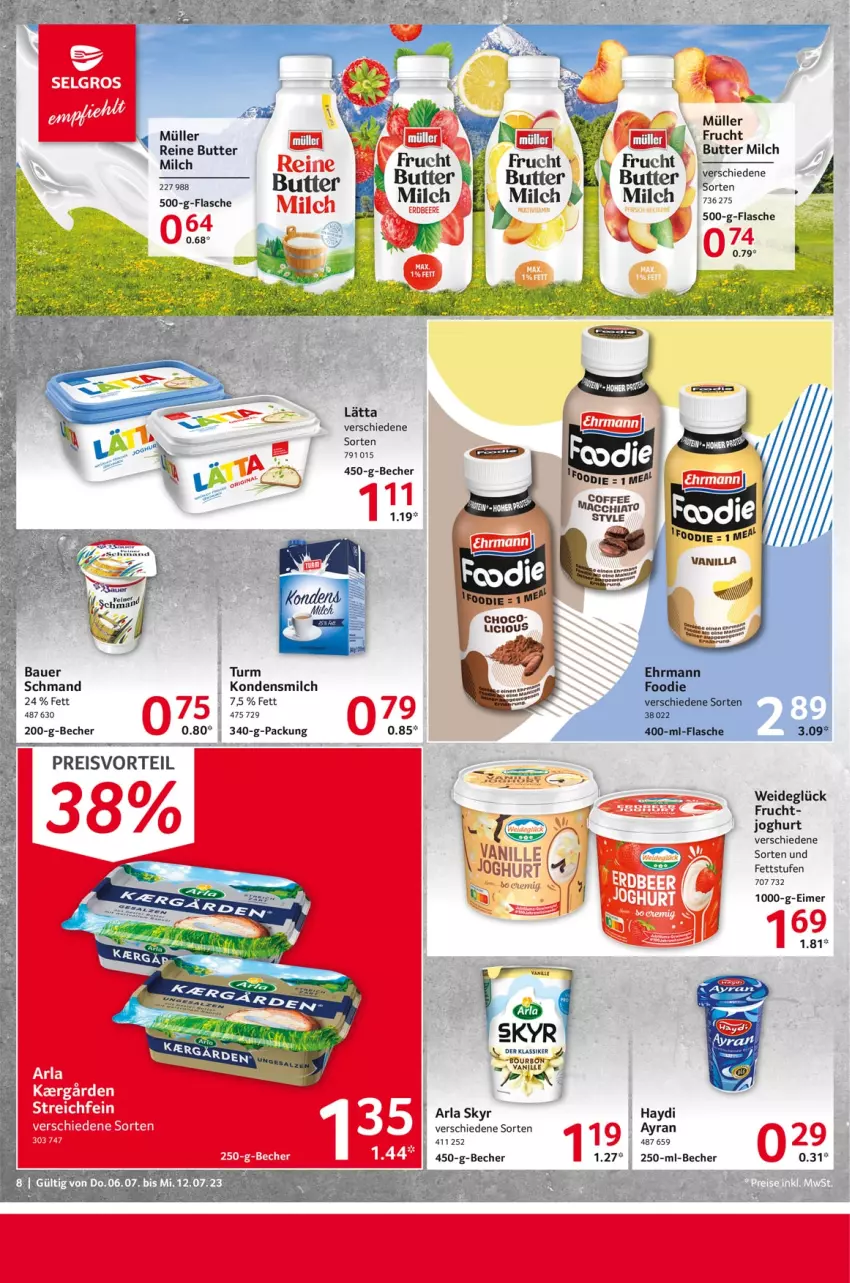 Aktueller Prospekt Selgros - Food - von 06.07 bis 12.07.2023 - strona 8 - produkty: ACC, arla, arla skyr, auer, Ayran, Bau, Bauer, Becher, butter, chia, ehrmann, eis, flasche, frucht, joghur, joghurt, kondensmilch, lätta, mac, macchiato, milch, Müller, preisvorteil, reis, schmand, Skyr, vanille