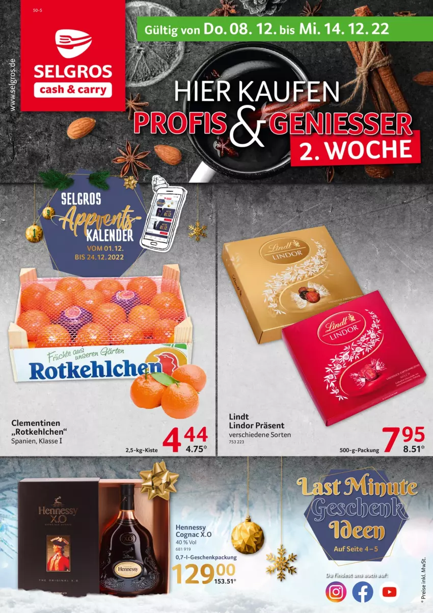 Aktueller Prospekt Selgros - Food - von 08.12 bis 14.12.2022 - strona 1 - produkty: clementinen, Cognac, geschenkpackung, LG, lindor, lindt, Ti