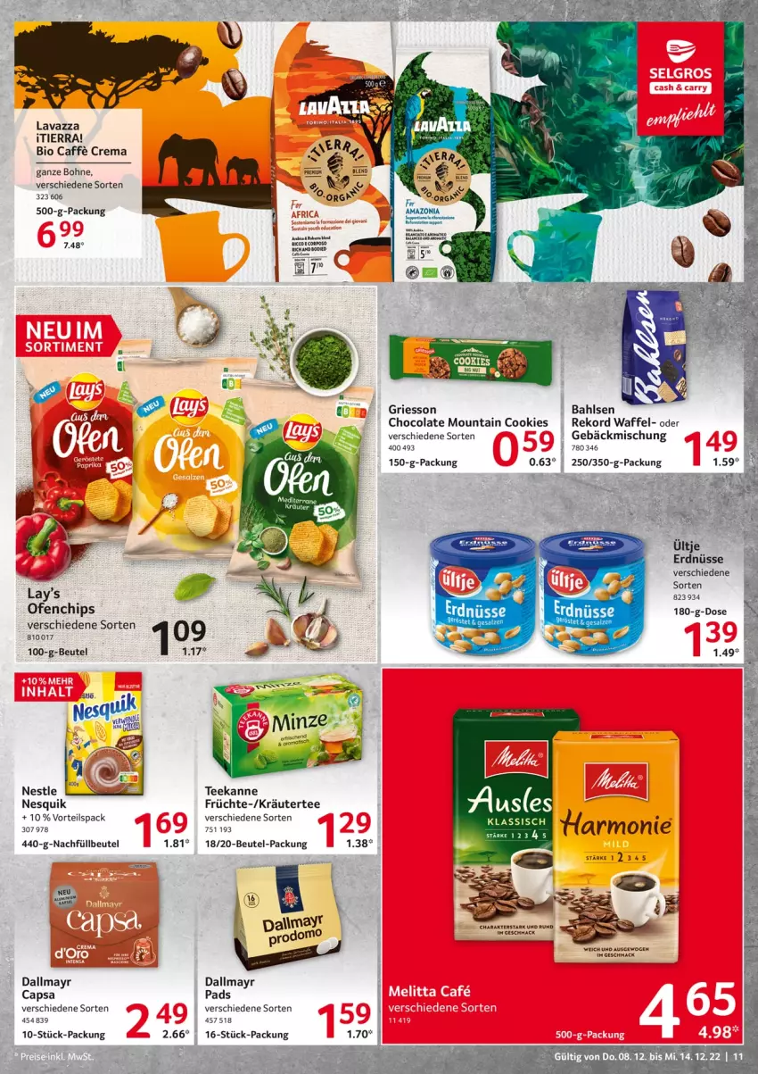 Aktueller Prospekt Selgros - Food - von 08.12 bis 14.12.2022 - strona 11 - produkty: bahlsen, beutel, bio, bohne, caffe, Cap, chips, cola, cookie, cookies, dallmayr, dallmayr capsa, erdnüsse, früchte, gebäckmischung, griesson, kräuter, lavazza, mac, nesquik, Ofen, tee, teekanne, Ti