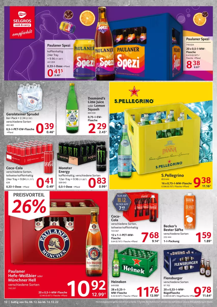 Aktueller Prospekt Selgros - Food - von 08.12 bis 14.12.2022 - strona 12 - produkty: bier, bügel, bügelflasche, burger, coca-cola, cola, eis, elle, flasche, flensburger, gerolsteine, gerolsteiner, heineken, monster, mw-flasche, natur, Paula, paulaner, preisvorteil, reis, säfte, Spezi, Sprudel, steiner, tee, Ti