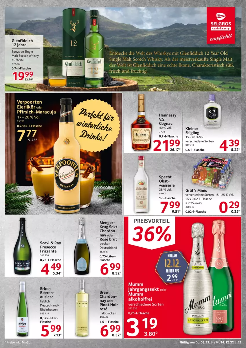 Aktueller Prospekt Selgros - Food - von 08.12 bis 14.12.2022 - strona 13 - produkty: alkohol, beere, beeren, bree, brut, Cognac, decke, ecco, eier, eierlikör, eis, flasche, frizzante, frucht, leine, likör, maracuja, obst, pfirsich, Pinot, pinot noir, preisvorteil, prosecco, reis, scotch, scotch whisky, sekt, single malt, specht, Ti, tisch, verpoorten, whisky