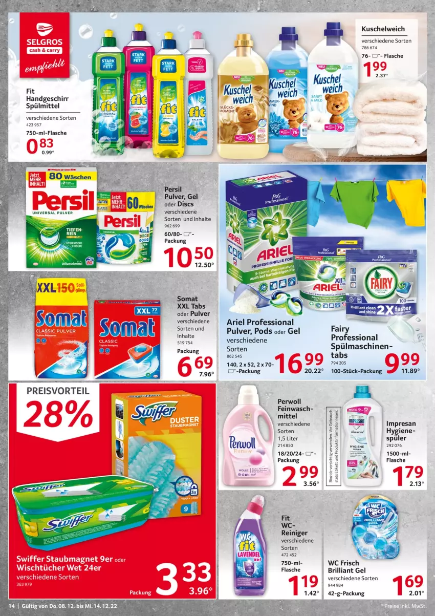 Aktueller Prospekt Selgros - Food - von 08.12 bis 14.12.2022 - strona 14 - produkty: ariel, buch, eis, fairy, flasche, geschirr, Kuschelweich, LG, persil, perwoll, Pods, preisvorteil, reiniger, reis, resa, somat, spülmittel, staubmagnet, swiffer, tee, Ti, tücher, universal pulver, wc frisch